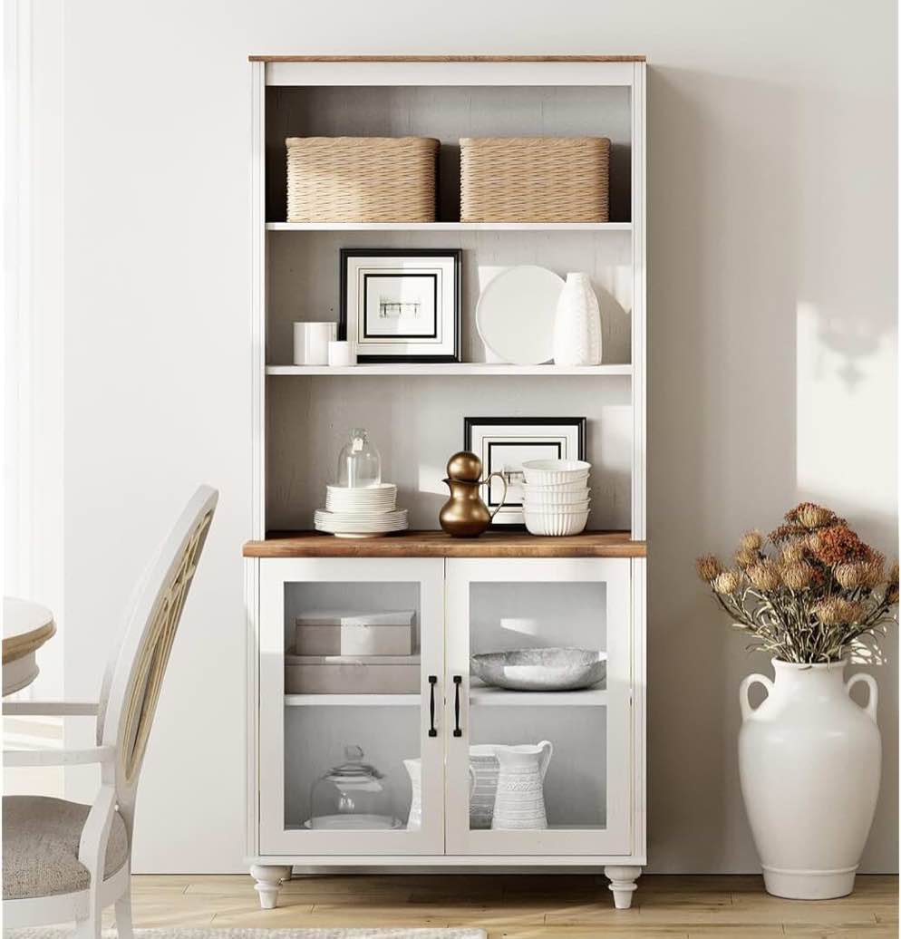 farmhouse credenzas & sideboards, dining hutch with glass doors and adjustable shleves, mid-century modern pantry storage for kitchen, living room, home office, white(top half only)