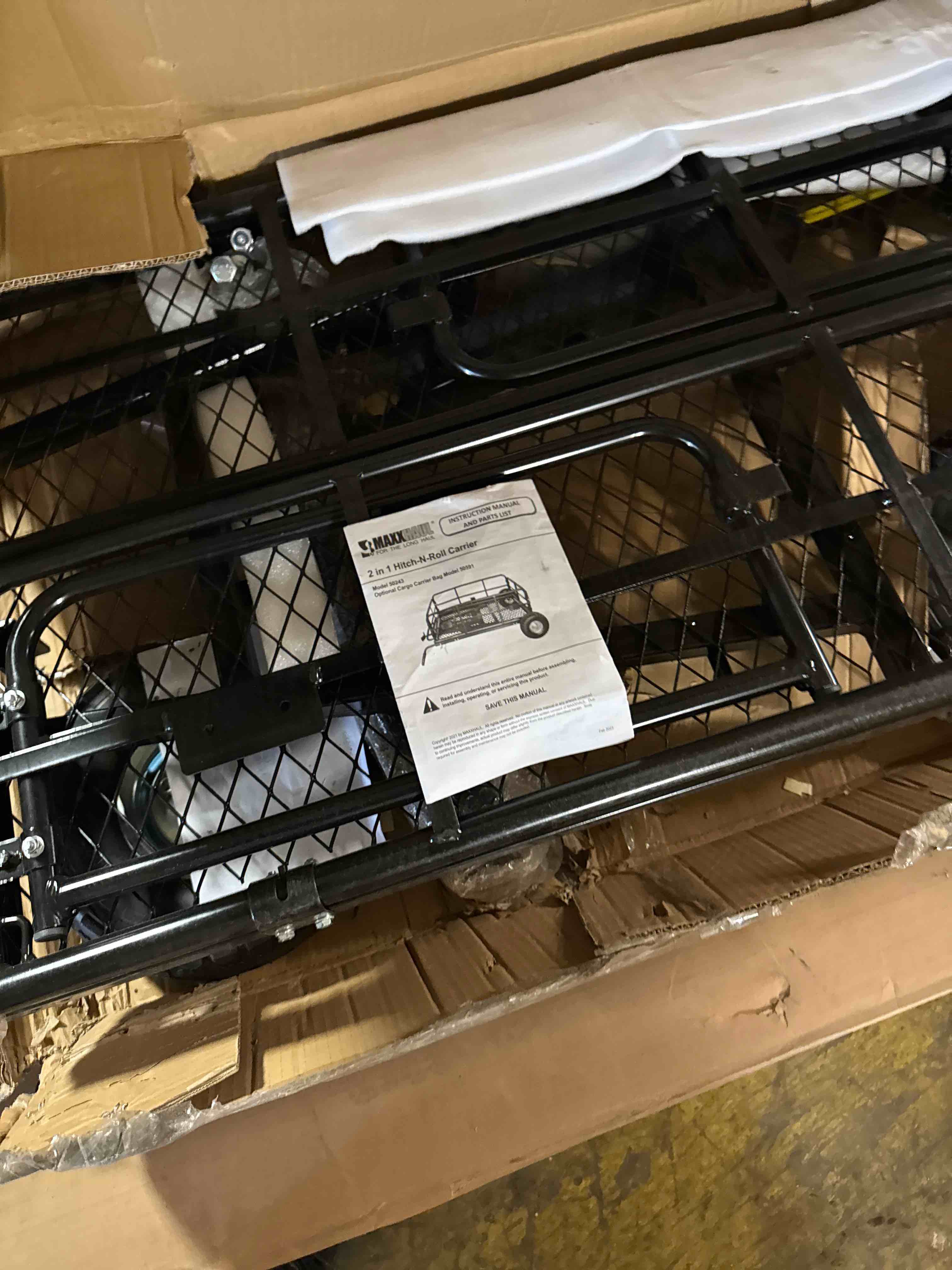Condition photo showing New/Like New for maxxhaul 50243 foldable hitch n roll cargo carrier cart with quick detachable basket rack with 10 inch flat free tires for home camp travel ranch suv up to 400 lb. capacity