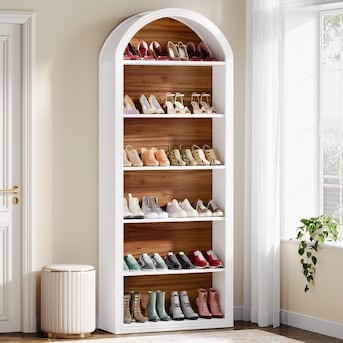 Tribesigns 77.16 inch H 6 Tier 24 pair Brown and White Shoe Cabinet with Arched Top and Adjustable Shelves for Entryway Hallway