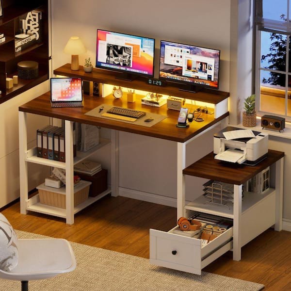 61.2 in. White Farmhouse Office Desk with Drawer and Power Outlets, Monitor Stand, Computer Desk with Light for Working (Desk top only)