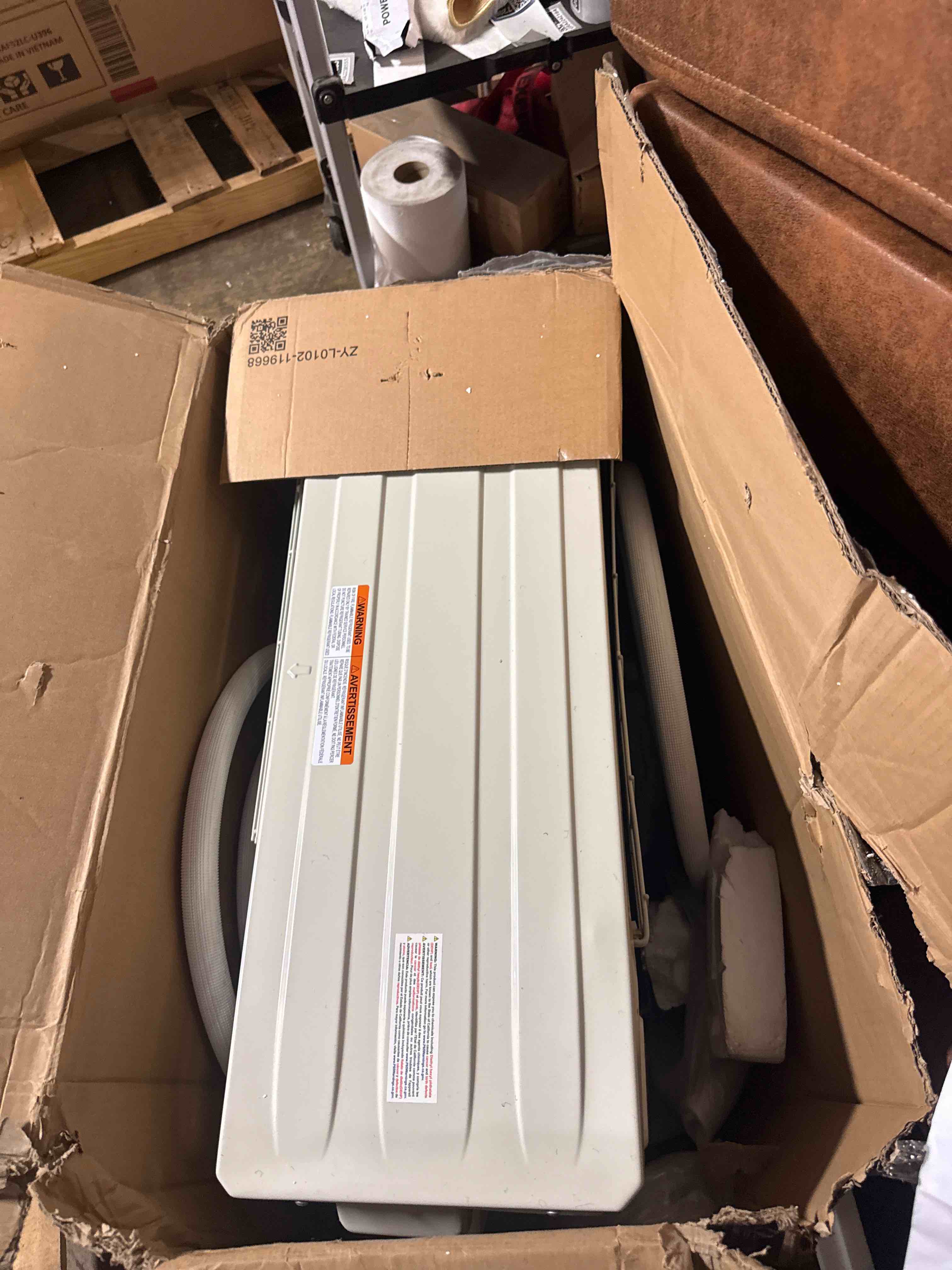 Condition photo showing As Is for serenelife 18,000 btu mini split ac & heating system, 230v indoor & outdoor wall-mounted units with wifi, installation kit included for home, office & bedroom, up to 1000 sq. ft. coverage white 18,000 btu - 230v (incomplete)