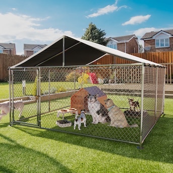 Condition photo showing New/Like New for garvee large dog kennel outdoor with roof heavy duty dog enclosure outside pet fence for yard dog boarding kennel poultry house cage steel