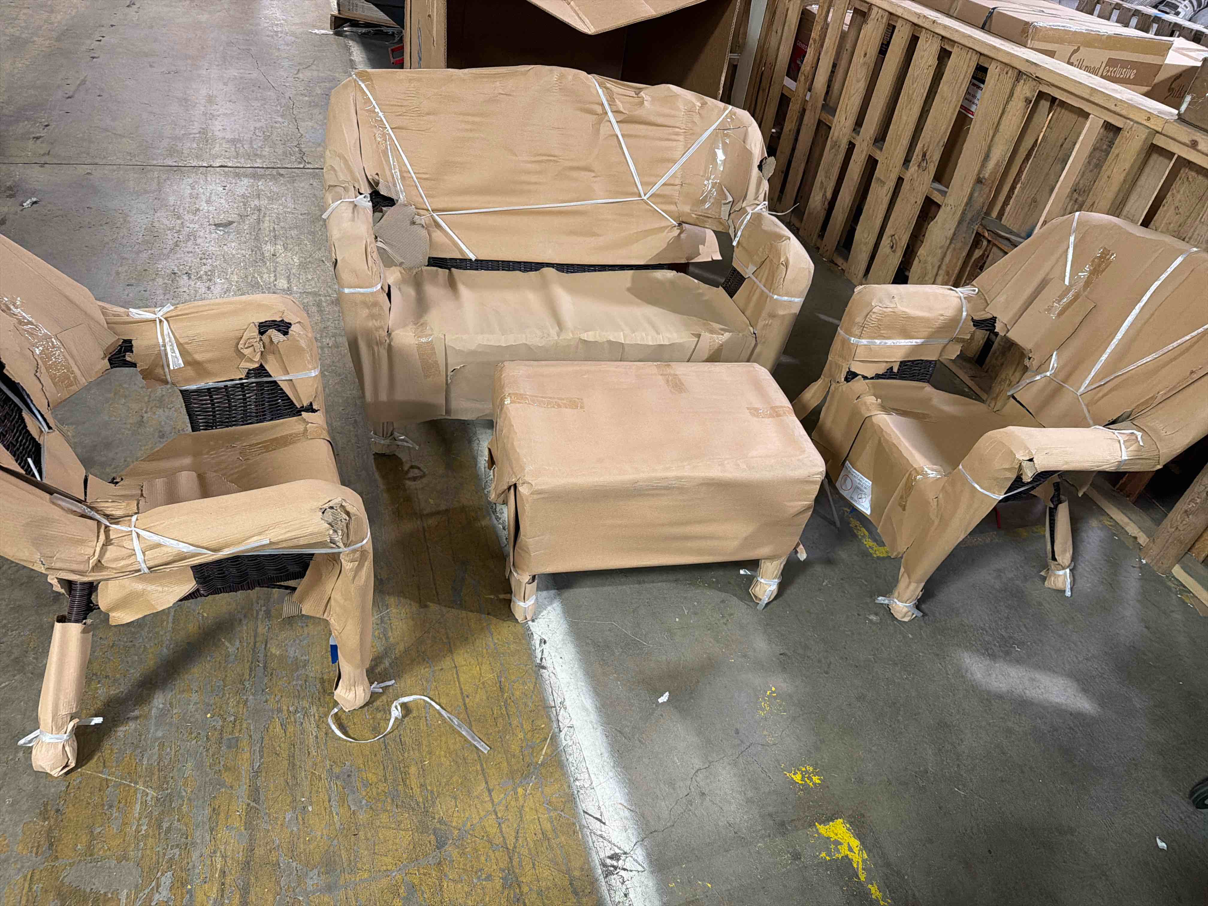 Condition photo showing New/Like New for maui deluxe camelback resin wicker/steel outdoor settee set (set of 4) in antique pecan,