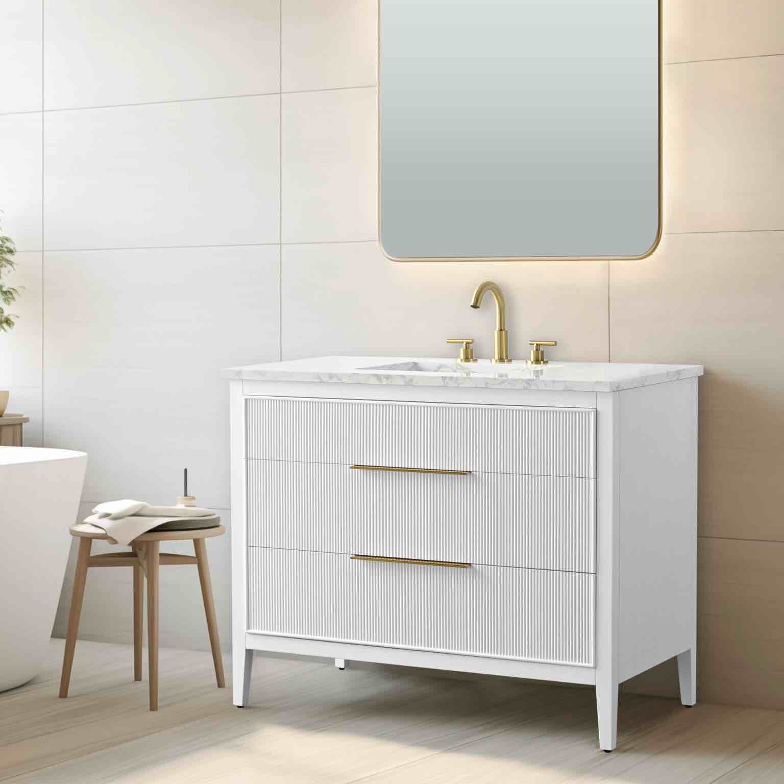 Condition photo showing New/Like New for emma 42inch white vanity with arabescato top & brushed bronze finished hardware