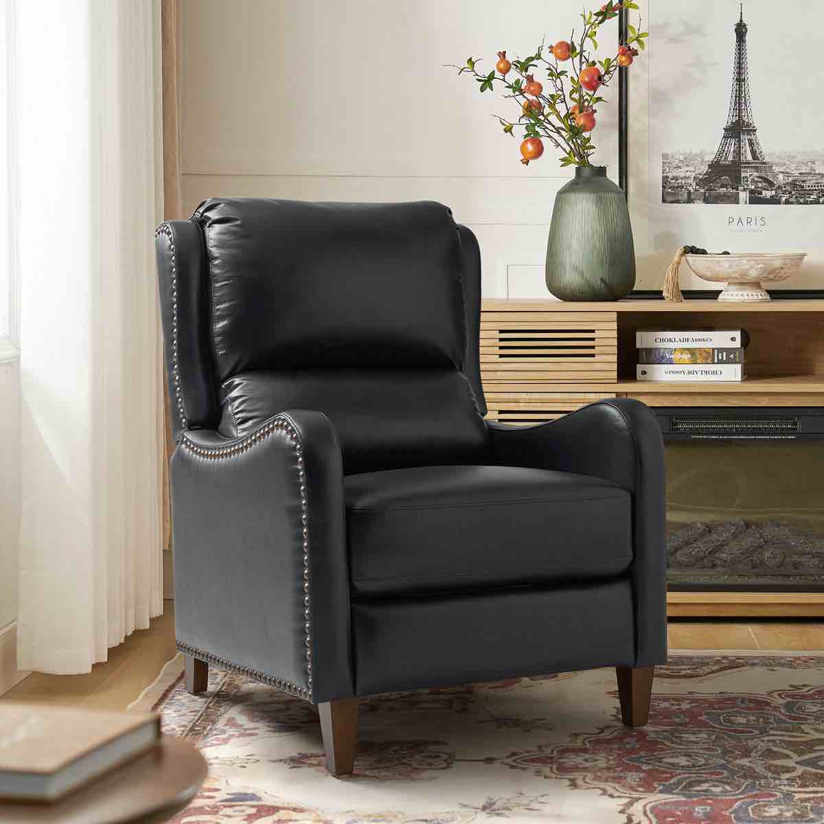 beecher traditional 28.75" wide genuine leather manual club recliner with solid wood legs, scratch and dent item(pictured)