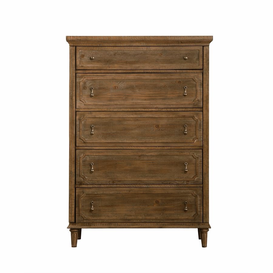 Condition photo showing New/Like New for interlude 5 drawer chest in sandstone brown, overall dimensions 60 h x 19 w x 42 d, new in box