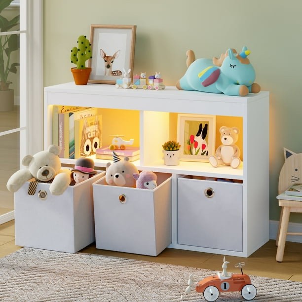 pinmoco 5-cube reversible open led kids toy storage organizer with three fabric drawers for playroom storage, white