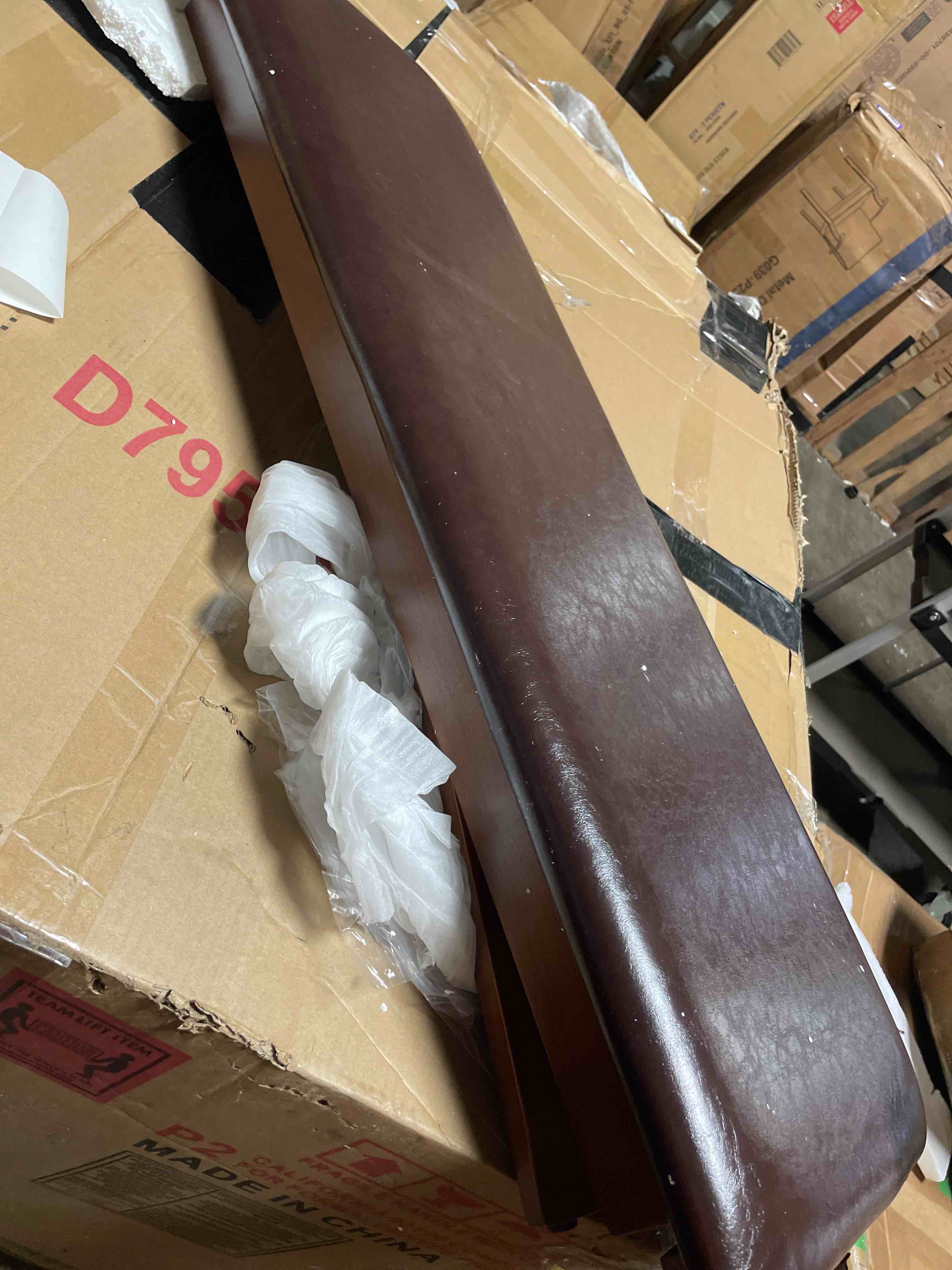 Condition photo showing New/Like New for benjara rubber wood bench with faux leather upholstery, brown