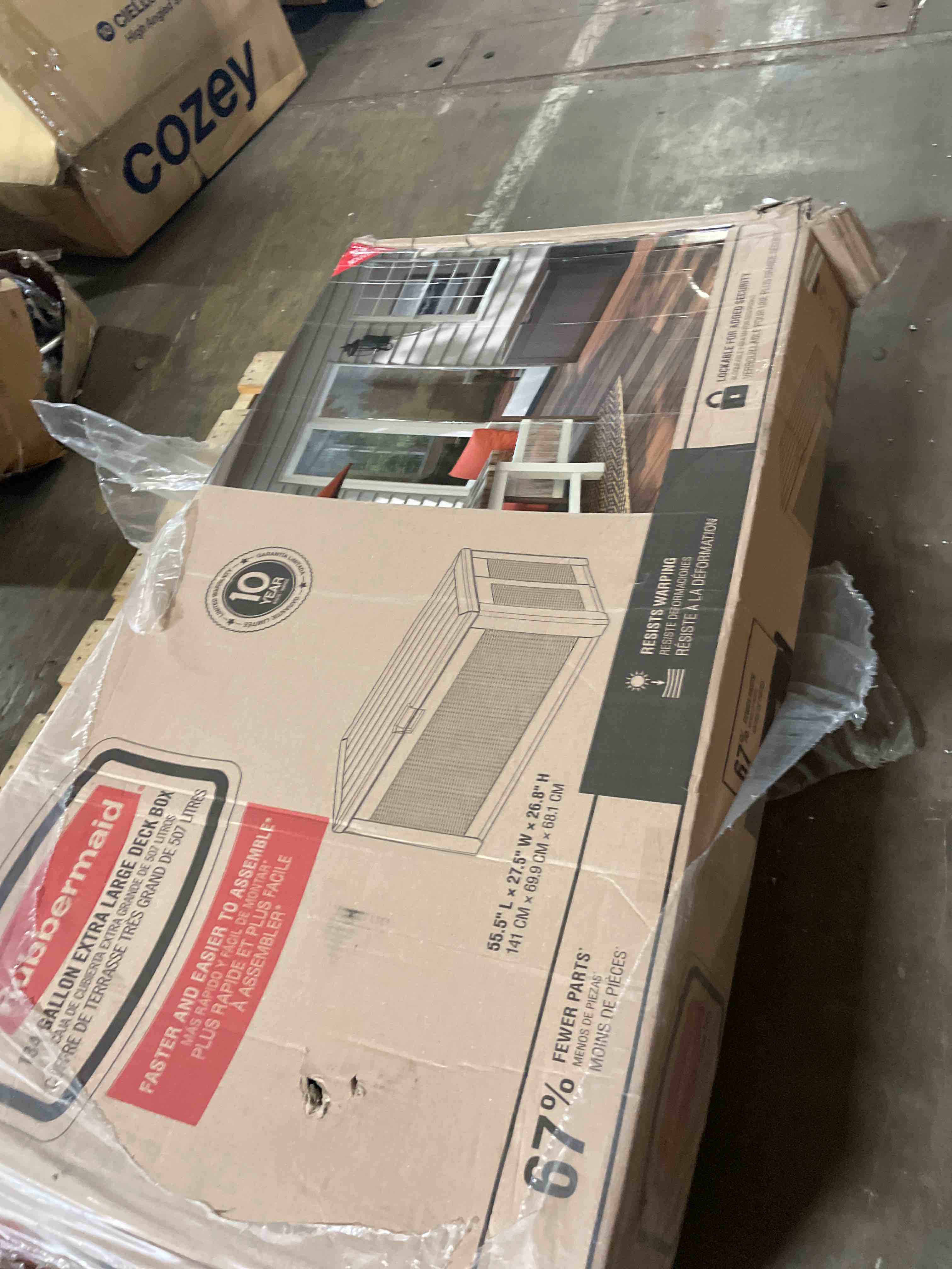 Condition photo showing New/Like New for rubbermaid extra large resin outdoor storage deck box (134 gal), weather resistant, black, deck organization for home/backyard/pool chemicals/toys/garden tools/porch/patio cushions