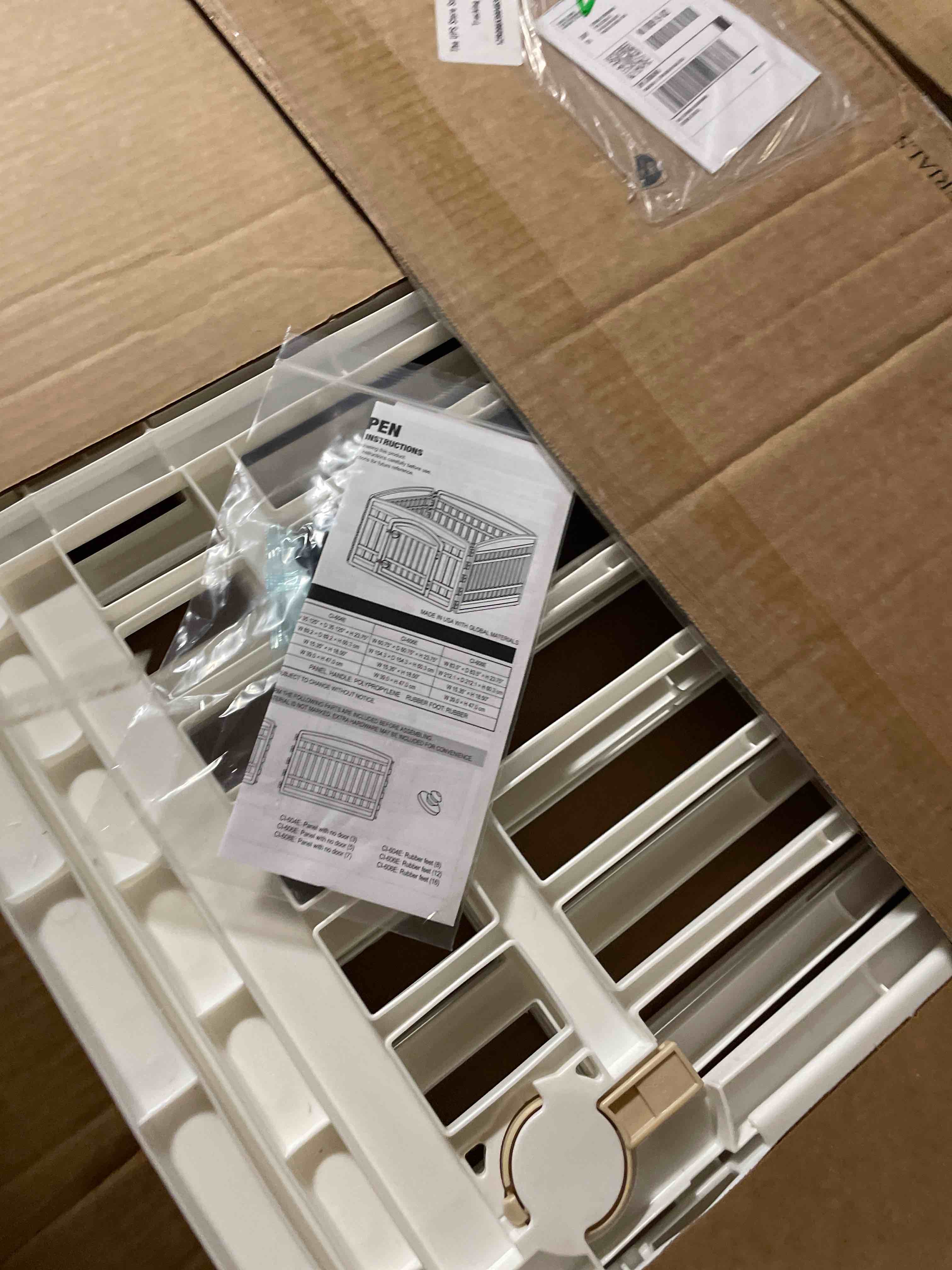 Condition photo showing New/Like New for pet playpen gate for dogs heavy plastic puppy exercise pen small pets fence puppies folding cage 4 panels for puppies and small dogs house white (33.5x33.5 inches) white white 4*panel