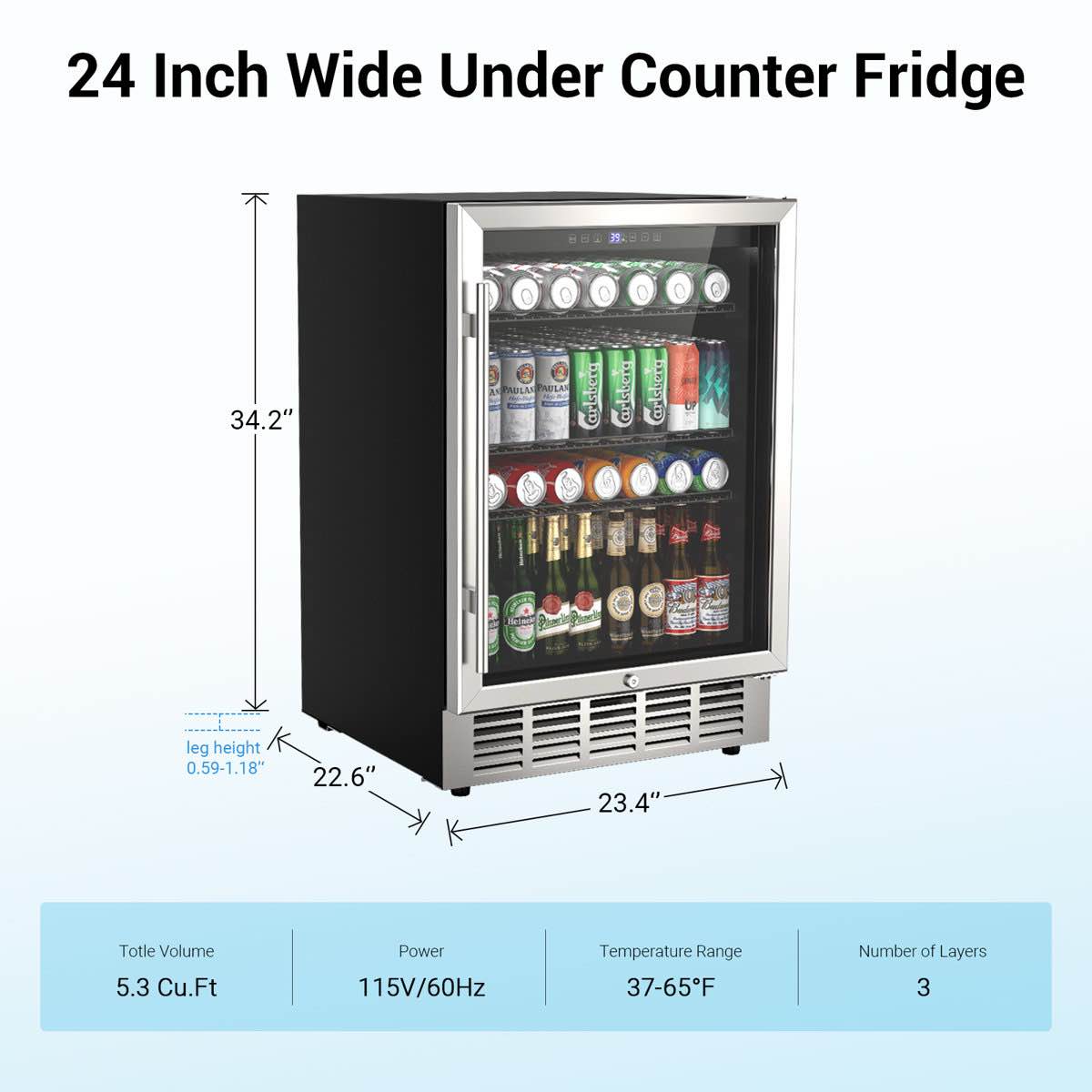 Condition photo showing New/Like New for 24 inch built-in & freestanding beverage refrigerator, 190 can capacity drink cooler for kitchen, bar & office
