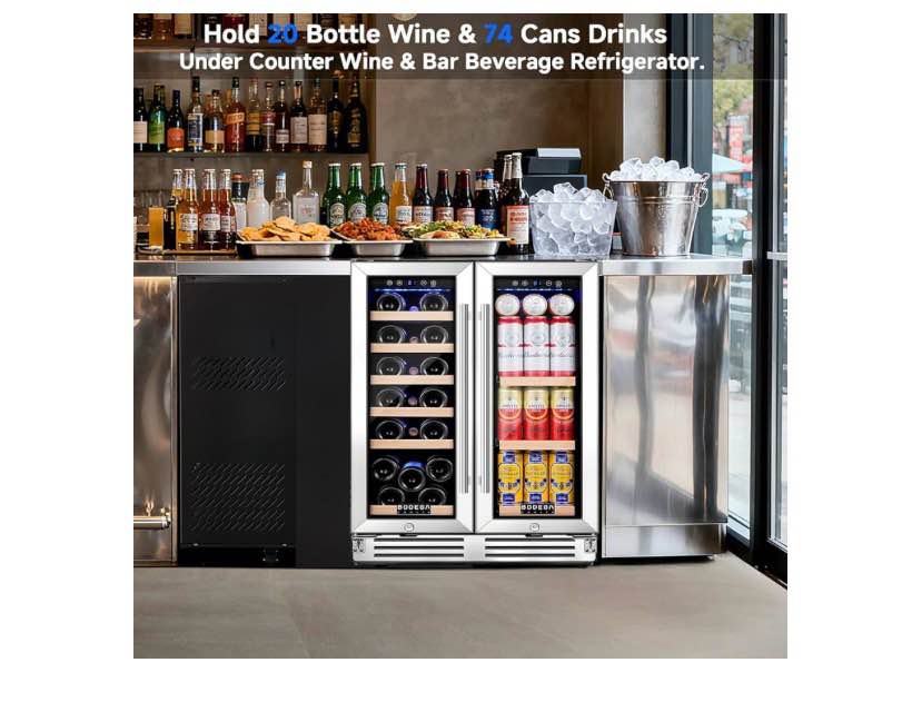 Condition photo showing New/Like New for bodega 24 inch wine and beverage refrigerator, dual zone wine and bar beverage cooler, commercial black bar cooler with 2 glass doors, bar fridge hold 19 bottles and 57 cans,built-in or freestanding.