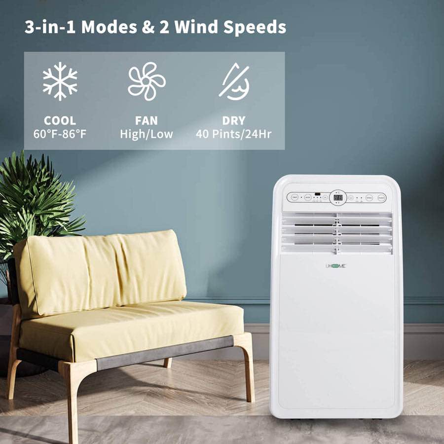 Condition photo showing New/Like New for uhome portable air conditioner, 8000 btu compact ac unit with cooling, dehumidifier, fan, remote control and window mount kit included, white