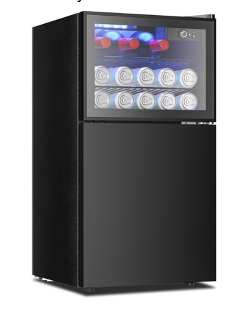 euhomy double door mini fridge with freezer, freestanding wine cooler refrigerator with reversible door, compact refrigerator temperature control, wine fridge perfect for kitchen home office. 3.0 cuft