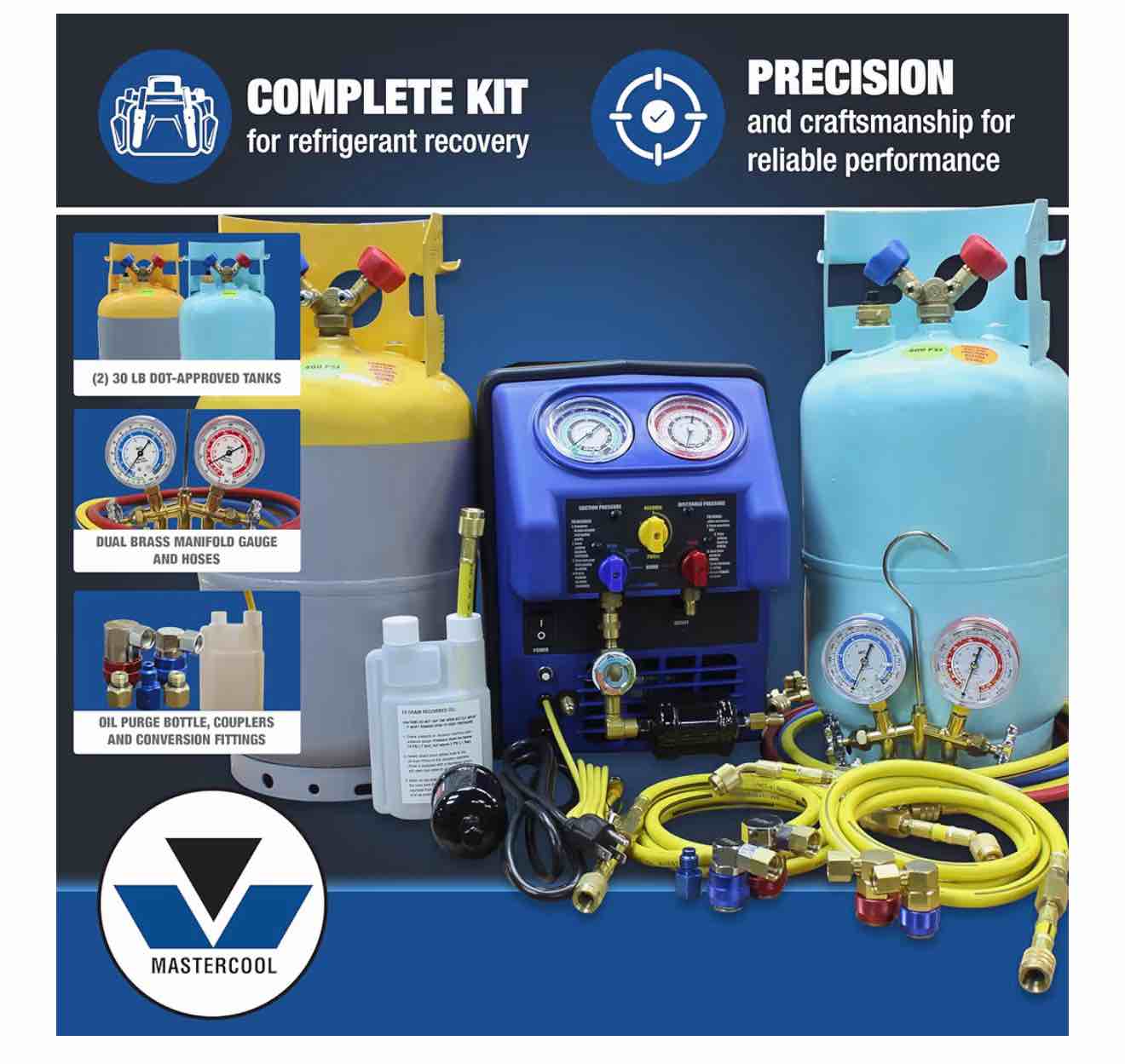 Condition photo showing New/Like New for complete a/c recovery set (r134a/r1234yf), model no 69372, spark free components, safety high pressure cut off switch, dual piston oil-less compressor, high volume cooling fan, hoses and couplets, durable and portable, dual manifold brass guage set, separate 30lb dot tanks for r134a&r1234yf 