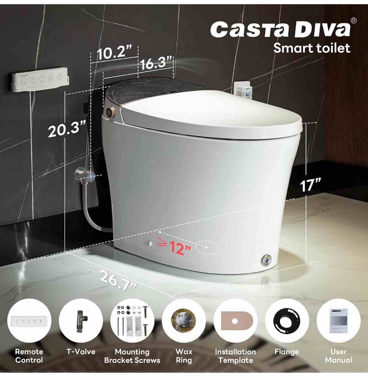 Condition photo showing New/Like New for casta diva smart toilet with bidet built in, auto open/close, foam shield, 1000g map flush, heated seat, foot kick & blackout flush, night light for bathrooms