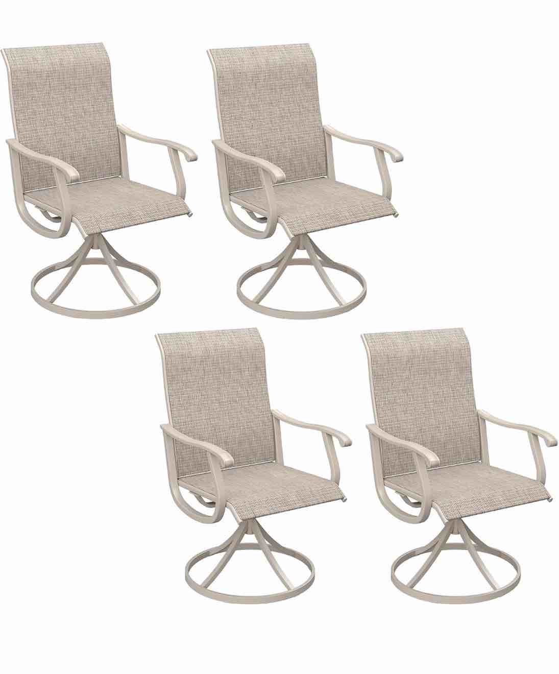 set of 4 outdoor swivel patio chairs in a sandshell textilene fabric, (2 boxes), overall dimensions 20.1"d x 19.5"w x 39.4"h, chairs are brand new in box