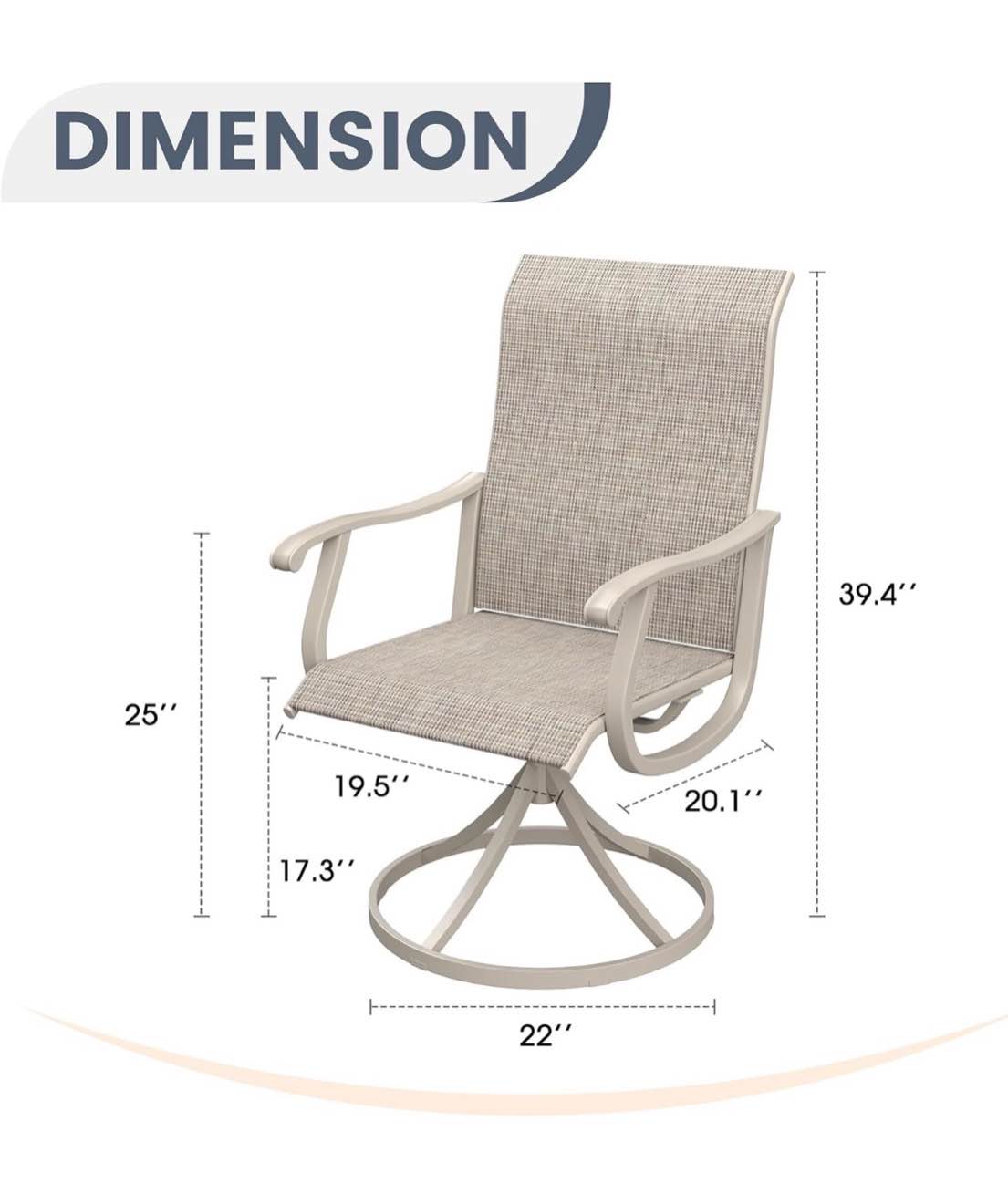 Condition photo showing New/Like New for set of 4 outdoor swivel patio chairs in a sandshell textilene fabric, (2 boxes), overall dimensions 20.1"d x 19.5"w x 39.4"h, chairs are brand new in box