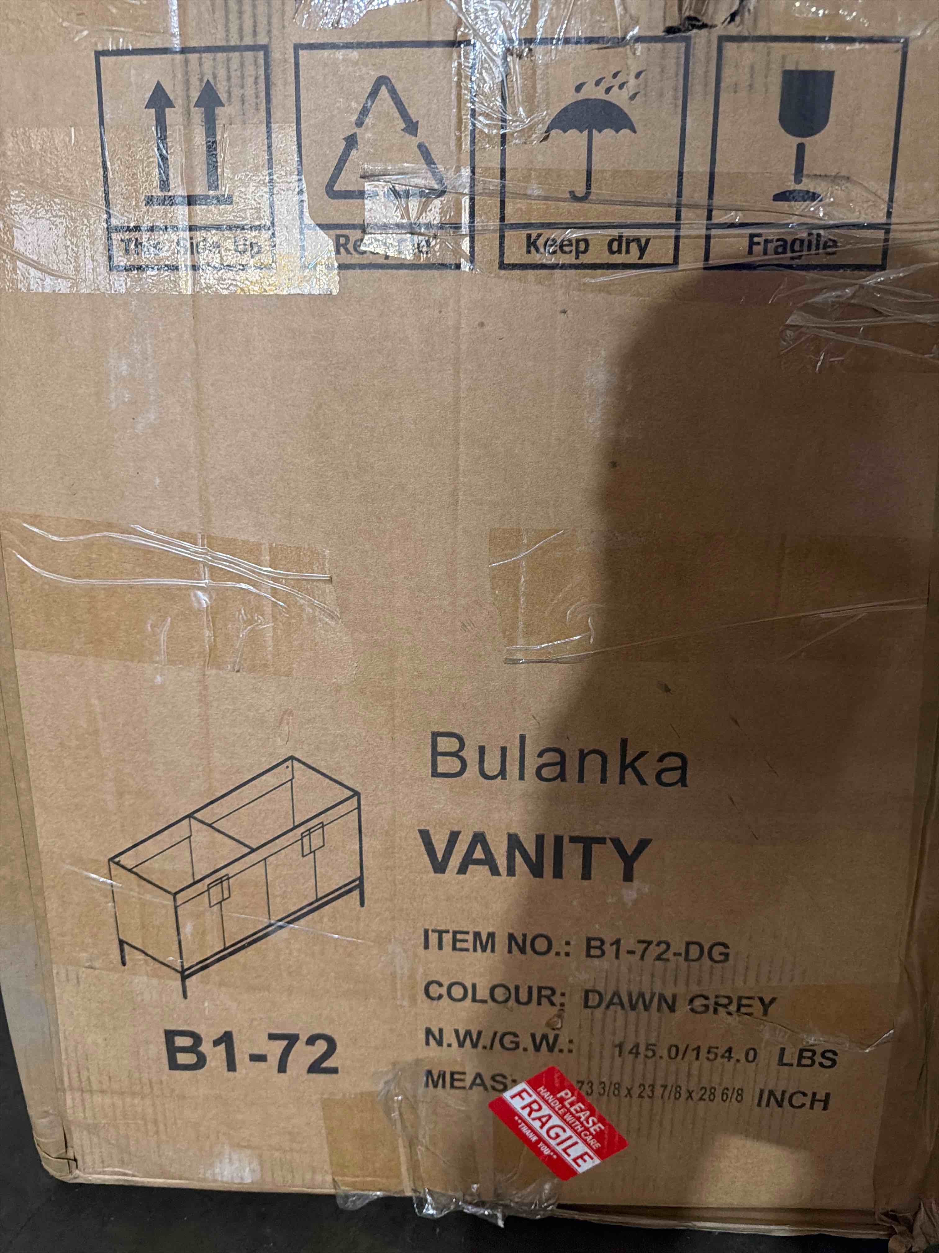 Condition photo showing New/Like New for alma bulanka 72? dawn grey double sink bathroom vanity with golden brass hardware, (vanity only, countertop sold separately), open back for easy plumbing access, overall dimensions 72 w x 22 d x 35 h