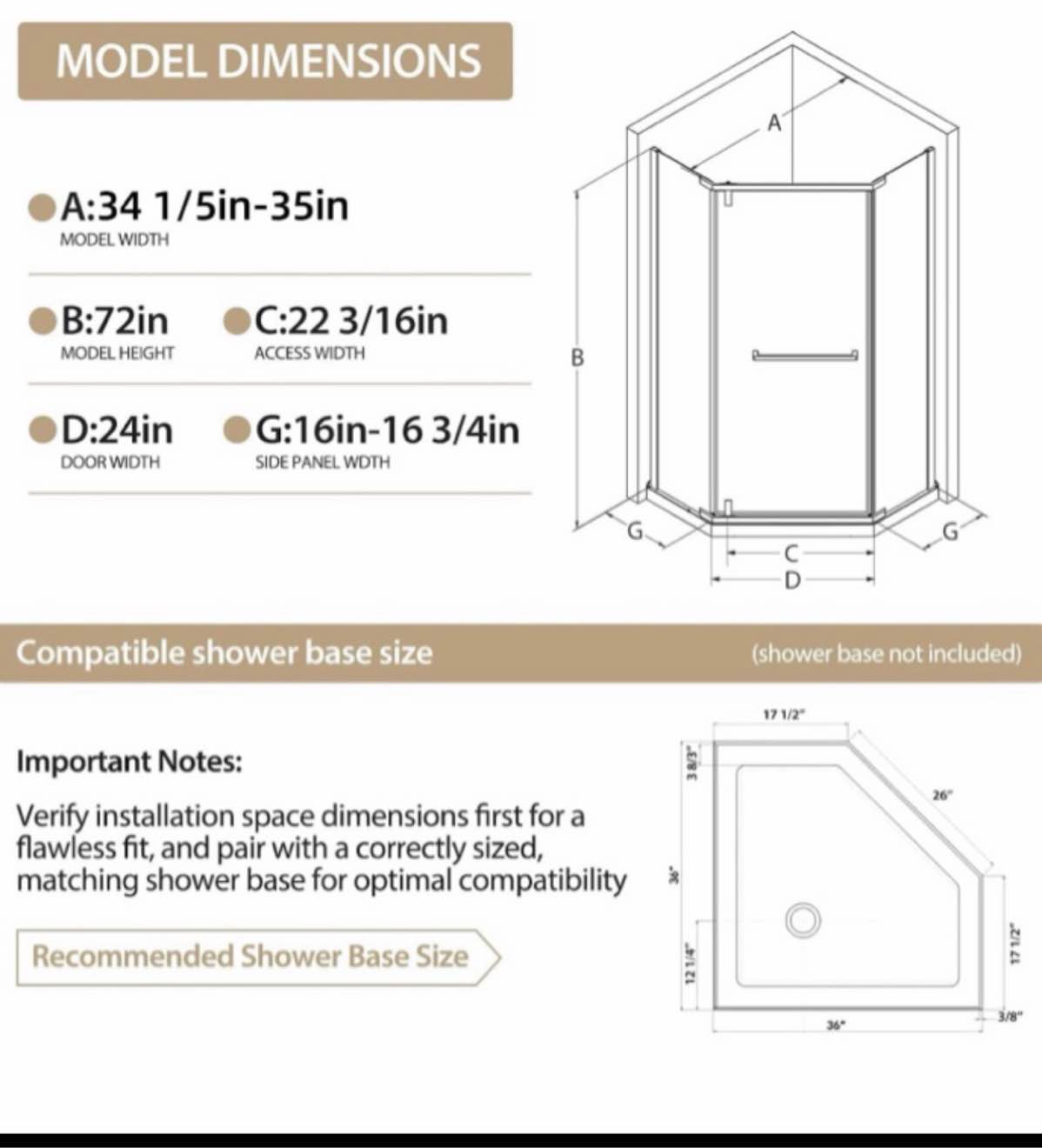 Condition photo showing New/Like New for neo-angle corner shower doors 36 d × 36 w × 72 h, frameless pivot shower door, 1/4" (6 mm) sgcc tempered glass with safety film & nano coating chrome (shower base not included)