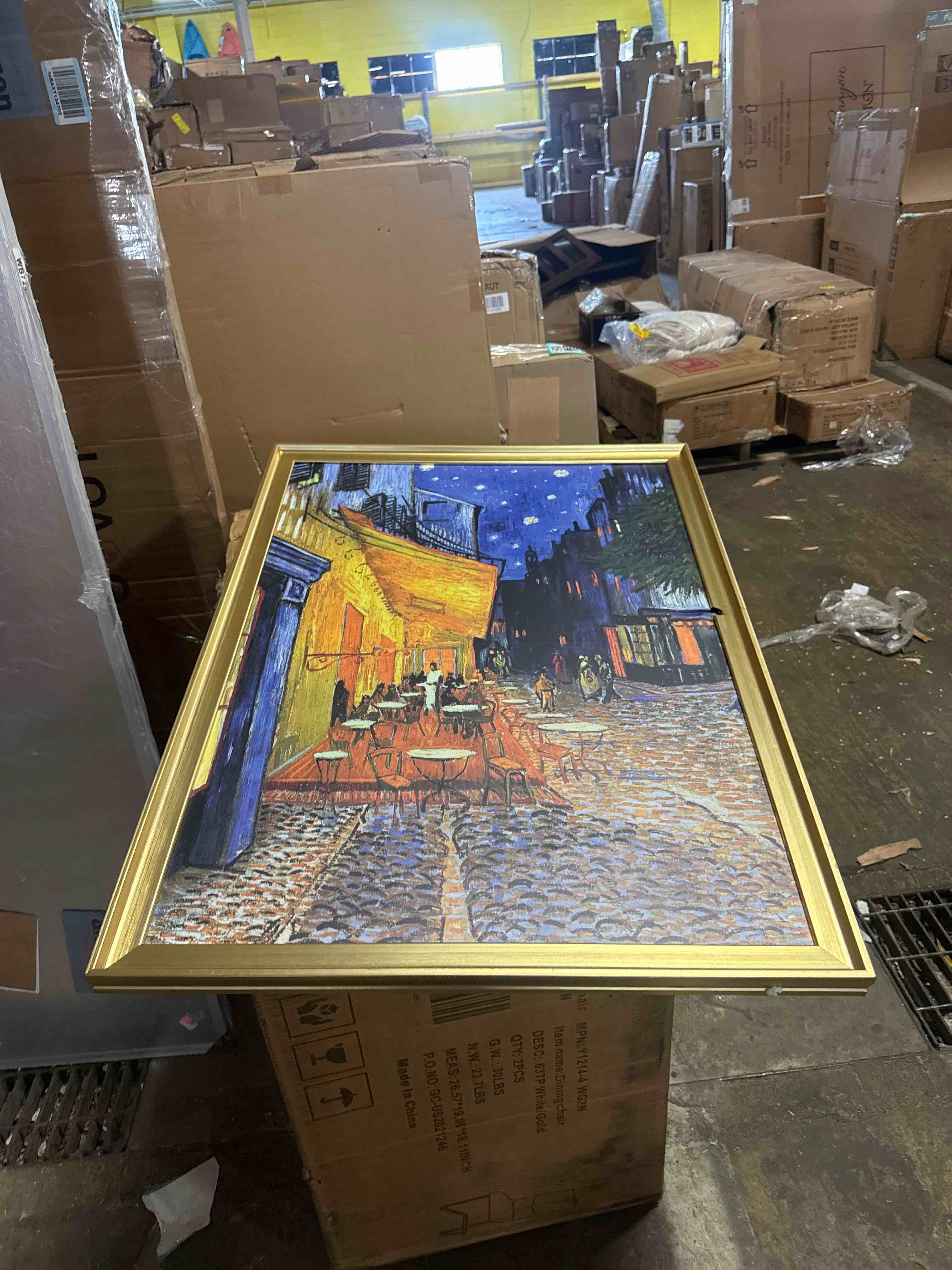 Condition photo showing As Is for wieco art framed wall art canvas prints of cafe terrace at night canvas prints wall art by van gogh paintings reproduction abstract artwork for wall decor golden frame (frame cracked)