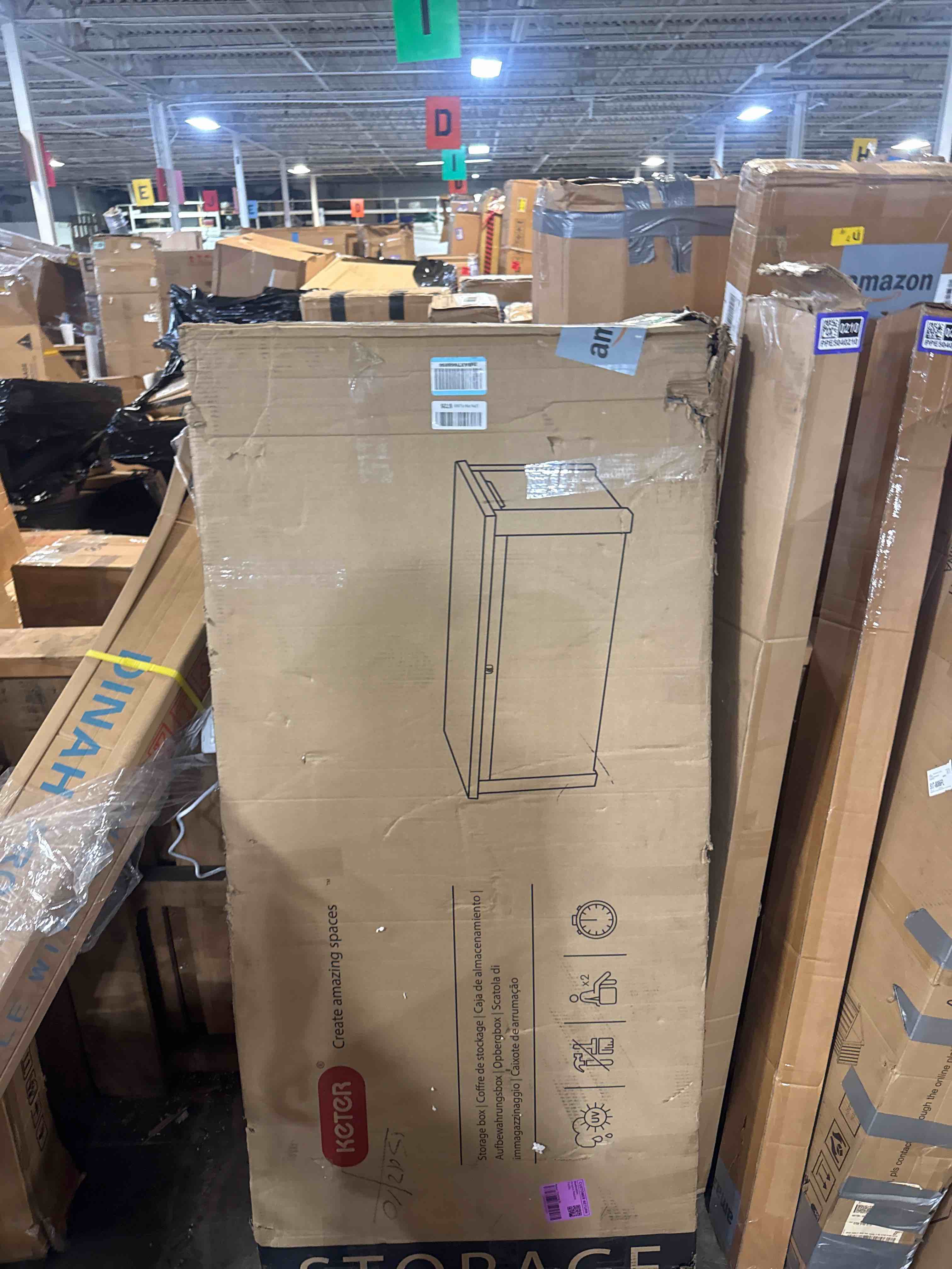 Condition photo showing New/Like New for keter westwood 150 gallon resin large outdoor storage box for patio furniture, outdoor cushions, garden tools and pool floats, light grey