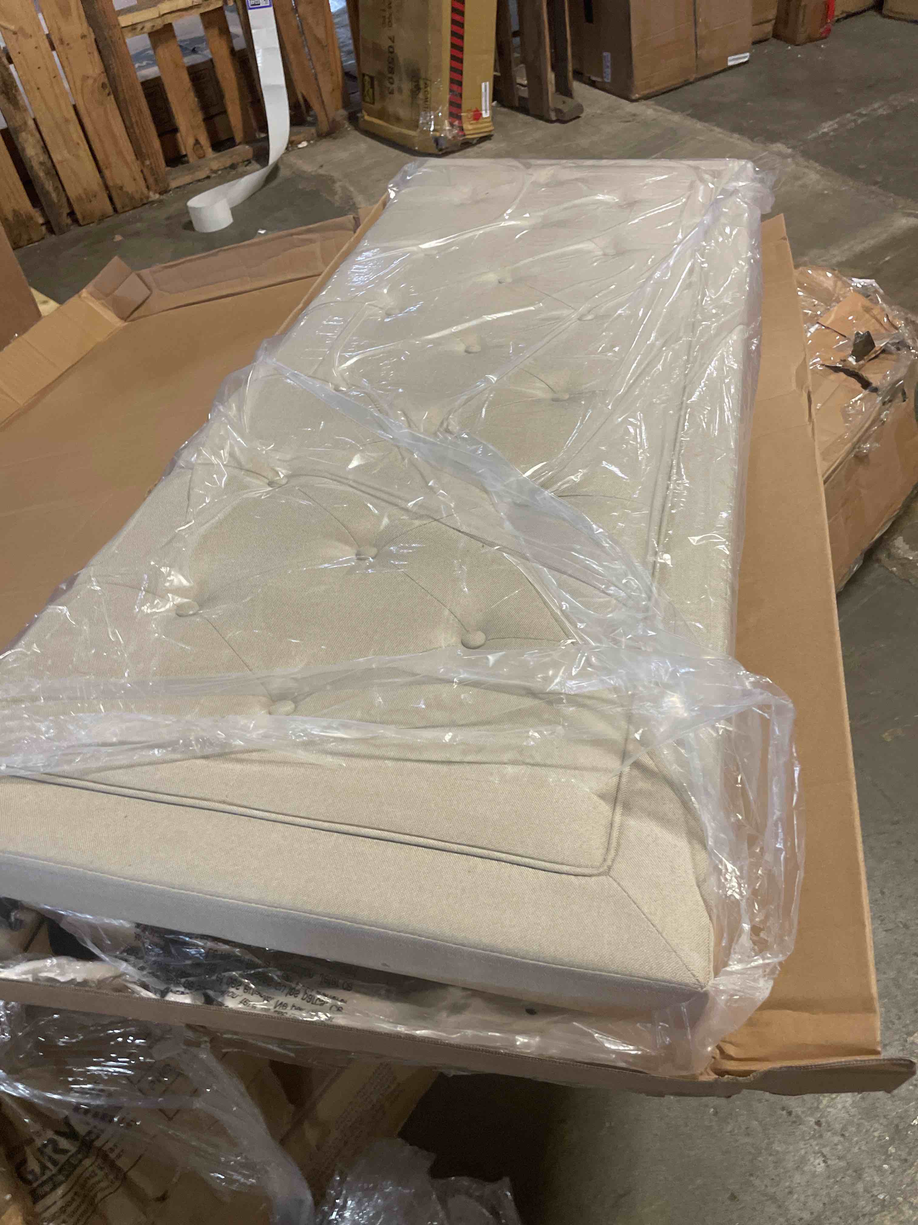 Condition photo showing New/Like New for queen size platform bed frame with upholstered velvet button tufted headboard, mattress foundation with wooden slat support, no box spring needed, easy assembly, noise free, beige beige queen