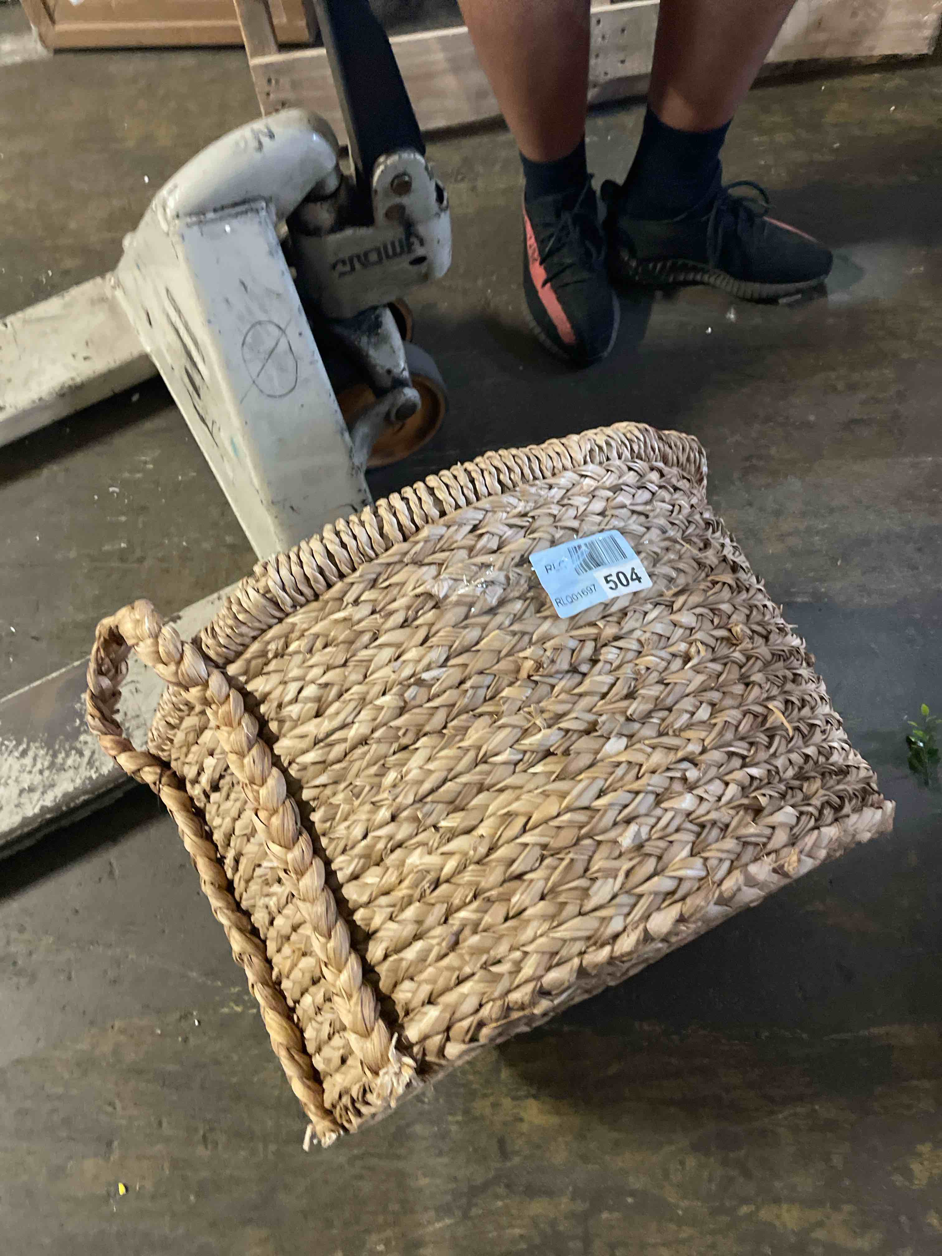 Condition photo showing Good Condition for household essentials round handwoven water hyacinth and seagrass basket with handles, natural