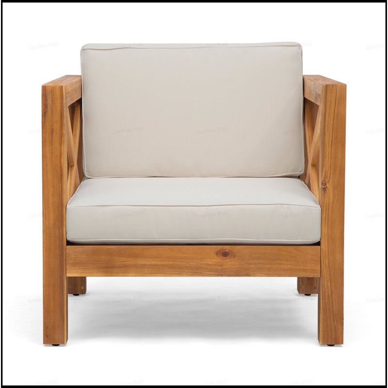 Condition photo showing New/Like New for brava club chair with mid-century modern design, acacia wood frame, and water-resistant cushions for outdoor comfort and durability