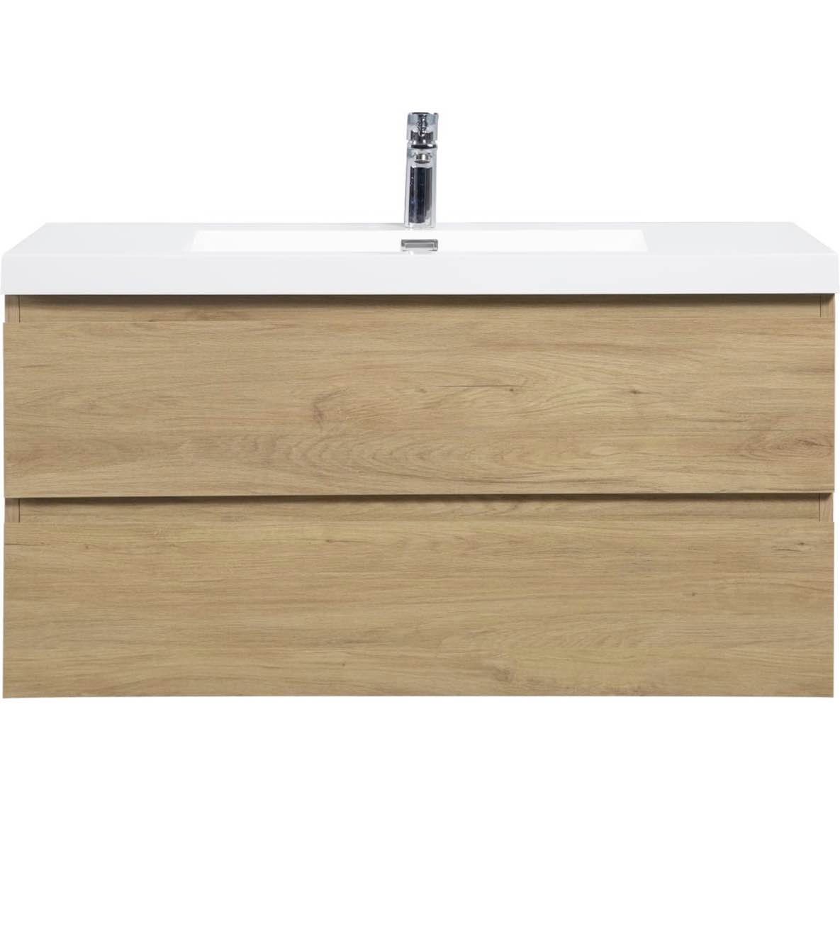 Condition photo showing New/Like New for 42inch natural oak floating bathroom vanity with a resin countertop and sink, wall mounted bathroom storage with soft close drawers, overall dimensions 41.93 d x 19.69 w x 22.44 h, item is new in box
