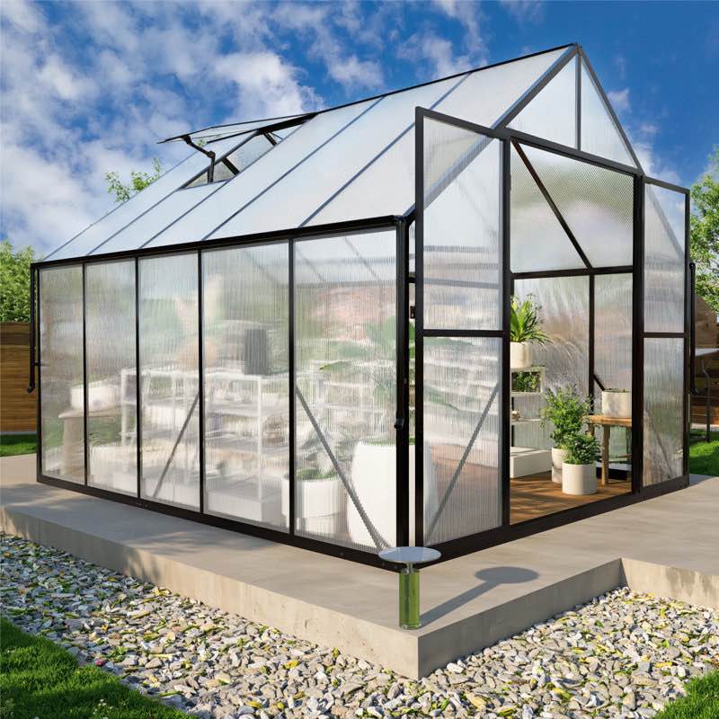 8x10 ft greenhouse for outdoors, polycarbonate green house with adjustable roof vent and rain gutter, aluminum large walk-in greenhouse with quick setup structure for outside garden backyard patio by gardmax