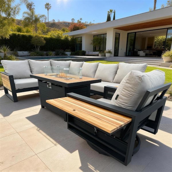 Condition photo showing New/Like New for denver 6-piece black aluminum outdoor patio fire pit, deep sectional seating set & swivel chair with cast ash cushions, brand new in box, (4 boxes total)