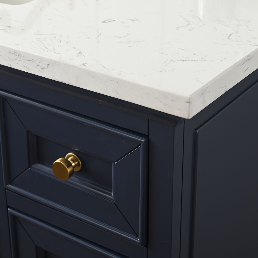 Condition photo showing New/Like New for thompson 42in indigo blue vanity with carrara white top (new in box) 42 x 22 x 34