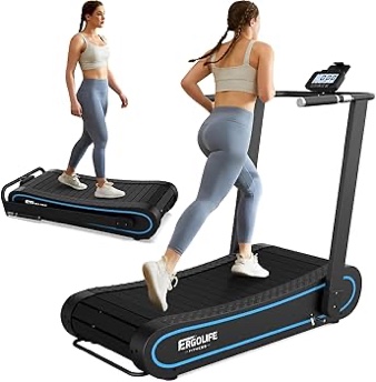 ergolife curved treadmill with non-electric motorized, 2-in-1 folding treadmill with app for home workout, compact manual walking pad, office running machine with lcd display (in box, item verified) 54.72 d x 49.61 w x 26.38 h