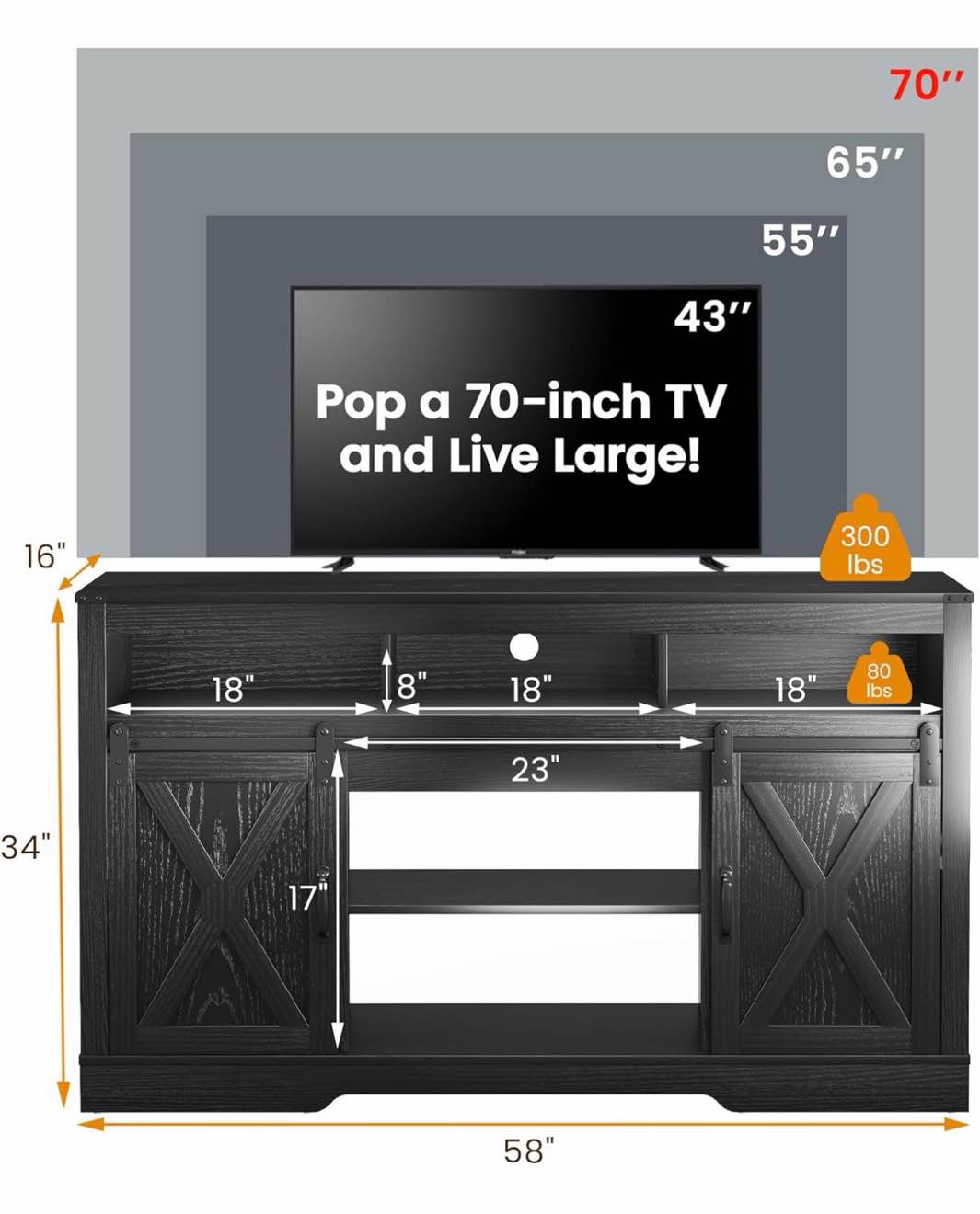 Condition photo showing New/Like New for 34in tall black rustic wood farmhouse style entertainment center with sliding barn doors, overall dimensions 60 w x 16 d x 34 h, 2 boxes total