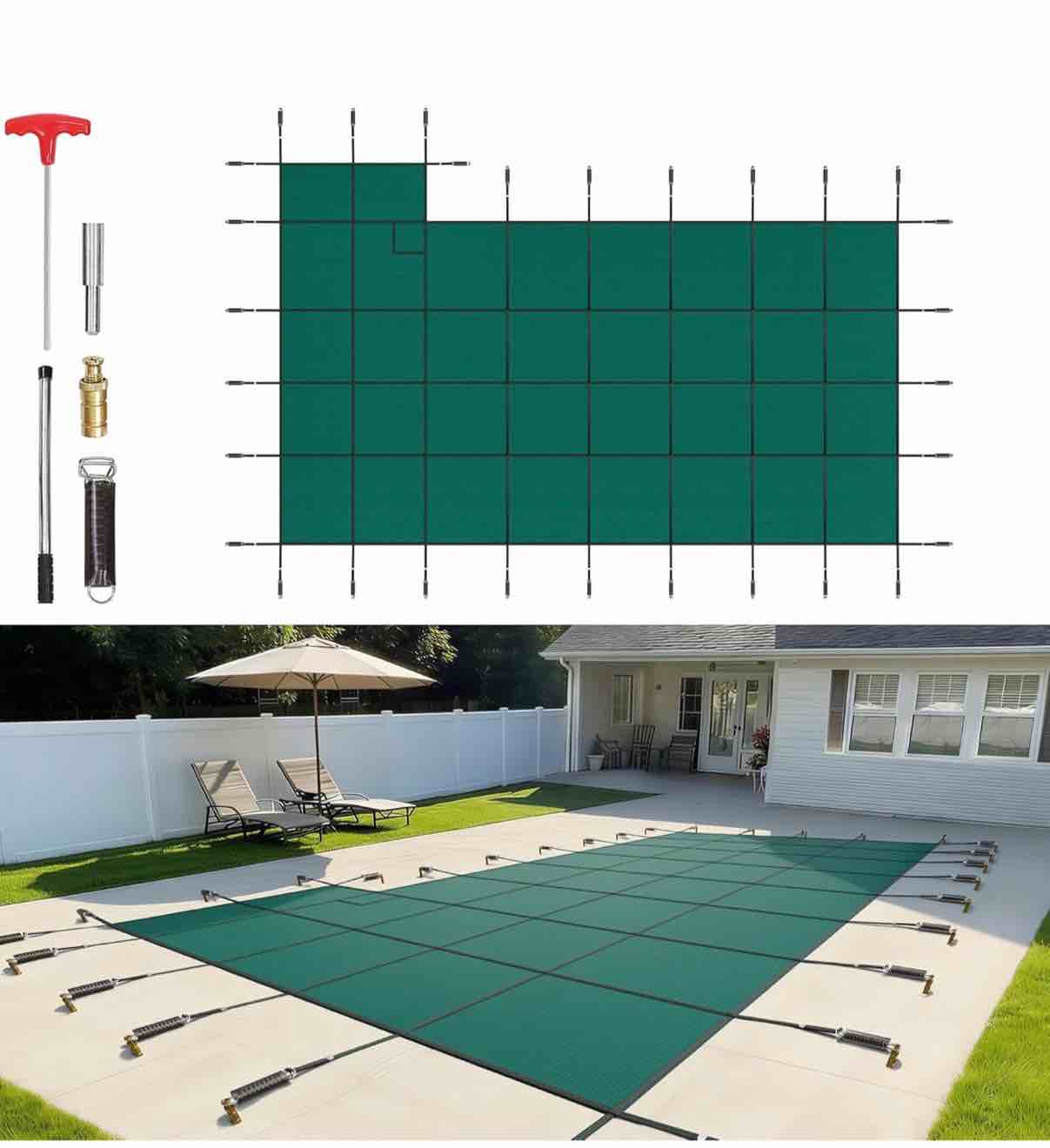 vevor inground pool safety cover, fits 20 ft x 40 ft rectangular winter pool cover with right step, triple stitched, high strength mesh pp, install hardware included