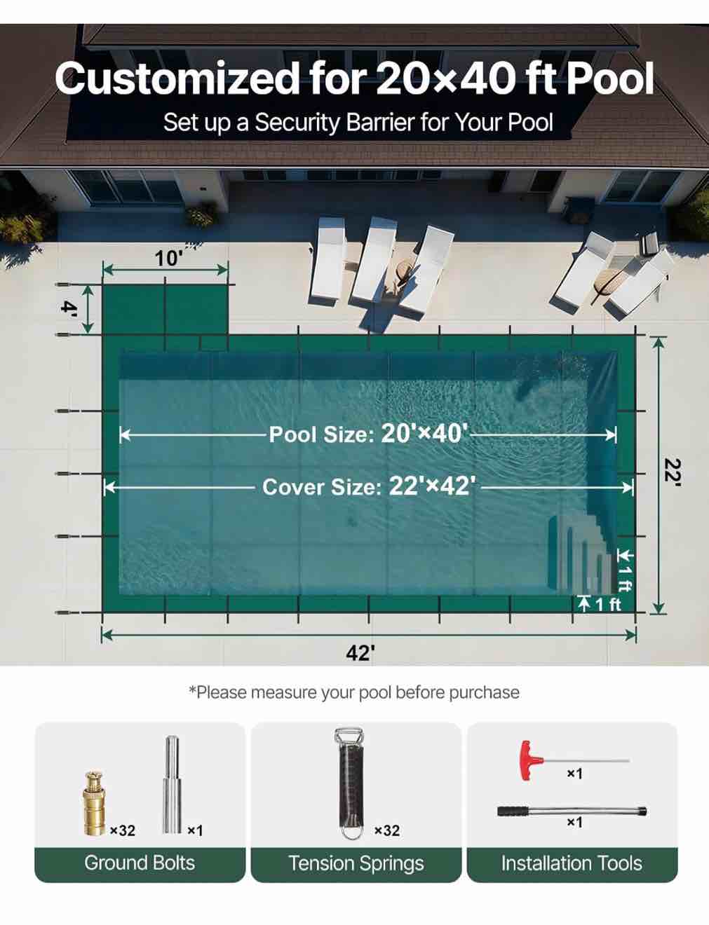 Condition photo showing New/Like New for vevor inground pool safety cover, fits 20 ft x 40 ft rectangular winter pool cover with right step, triple stitched, high strength mesh pp, install hardware included