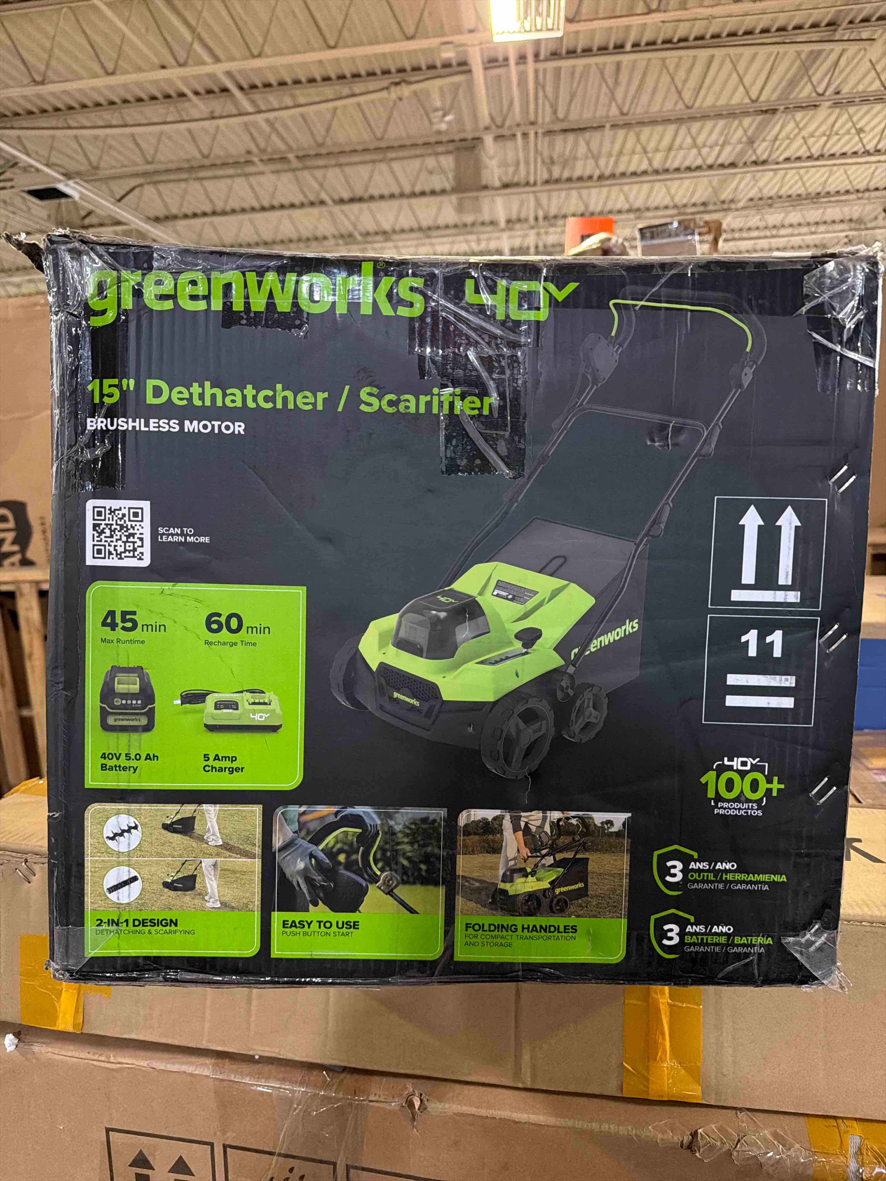 Condition photo showing New/Like New for greenworks 40v 15in 2-in-1 dethatcher & scarifier, 5.0ah battery & rapid charger included, brushless motor, 5-position depth adjustment, dimensions 24 x 18 x 14, new in box