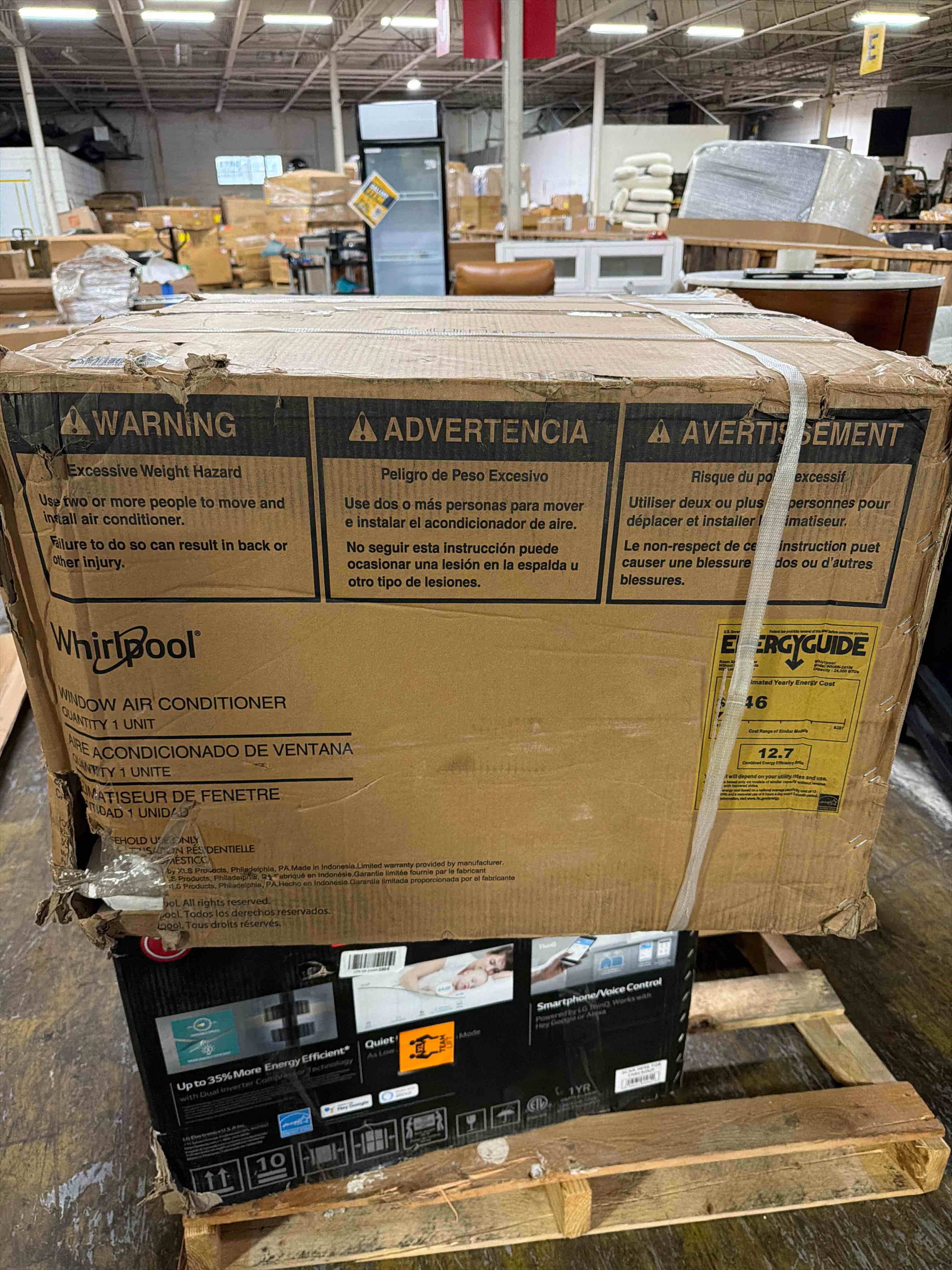 Condition photo showing As Is for whirlpool 24,000 btu window mounted inverter air conditioner, 230v, for large rooms up to 1500 square feet with remote, window ac unit for apartment, living room, bedroom, item is new in box
