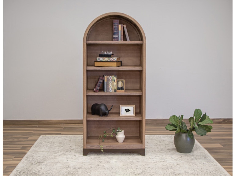 Condition photo showing New/Like New for natural parota 5-shelf bookcase, built from mango wood, iron base, overall dimensions 30”l x 15.75”d x 70.25”h, scratch and dent item(pictured)
