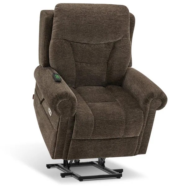MCombo Dual Motor Power Lift Recliner Chair With Massage And Dual Heating, Adjustable Headrest, In A Coffee Color Fabric, Dual USB Ports, Overall Dimensions 37W x 33.1L x 43.1H