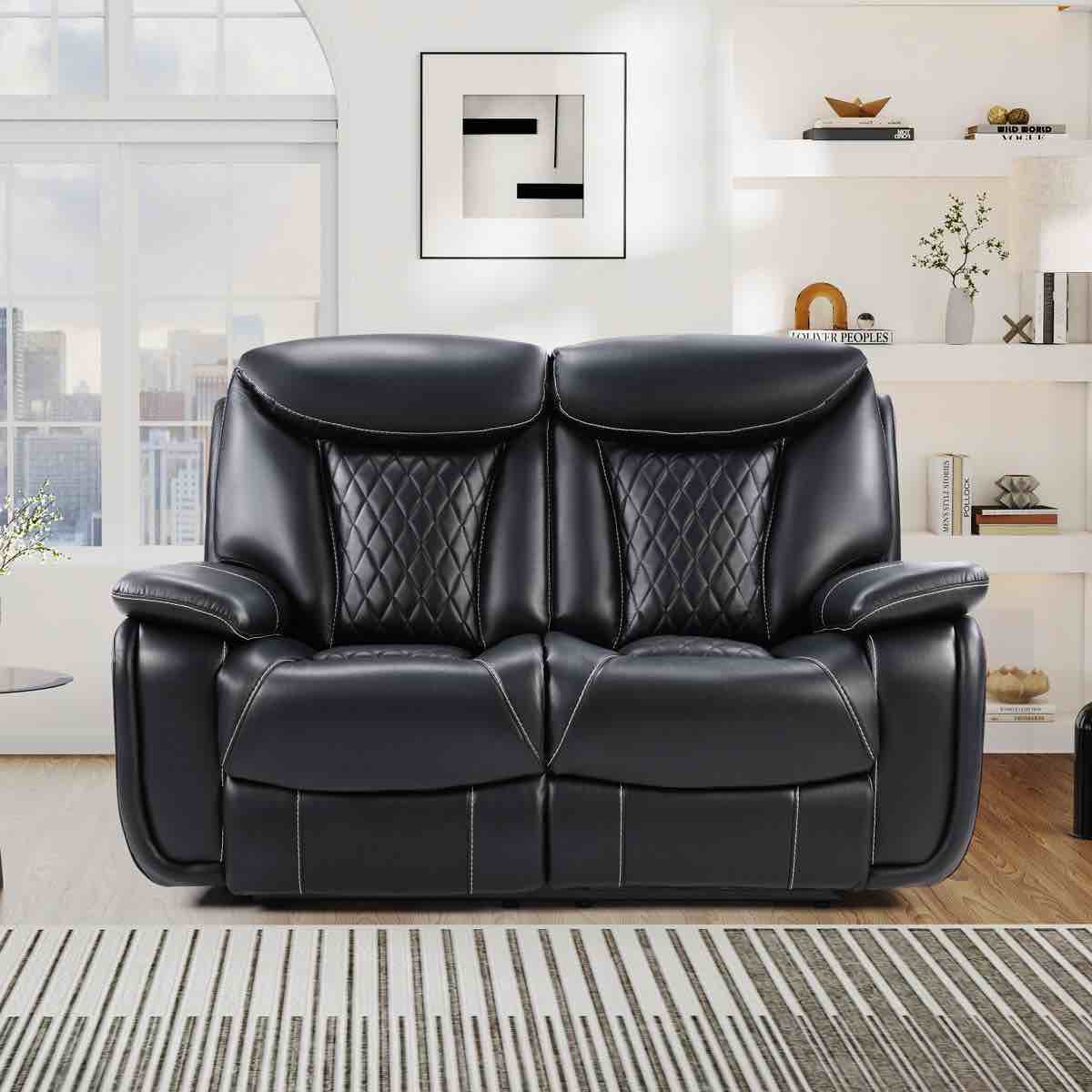 saneela 62.6in wide diamond stitching breathable black vegan leather power reclining loveseat with usb ports, overall dimensions 40.9 h x 62.6 w x 38.6 d