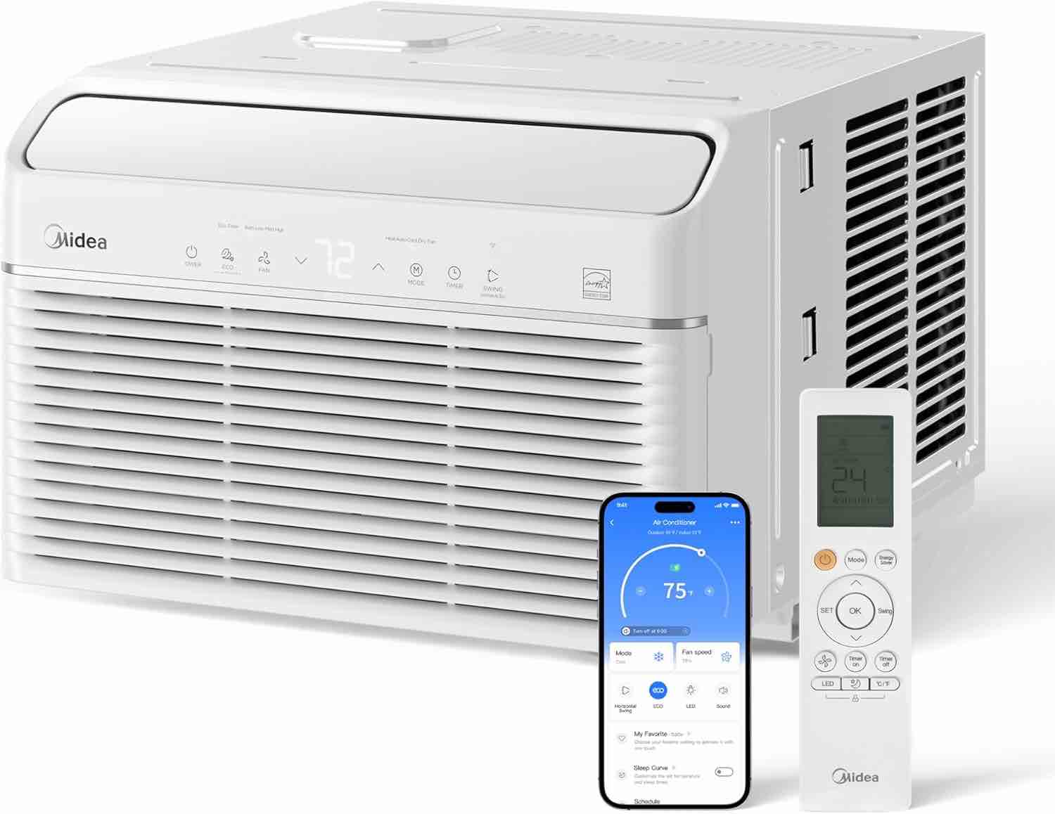 midea inverter window air conditioner with heat and dehumidifier cools up to 550 sq. ft.  energy star rated, smart control, remote, 12,000 btu (new in box) 22.17 d x 19.41w x 13.89 h