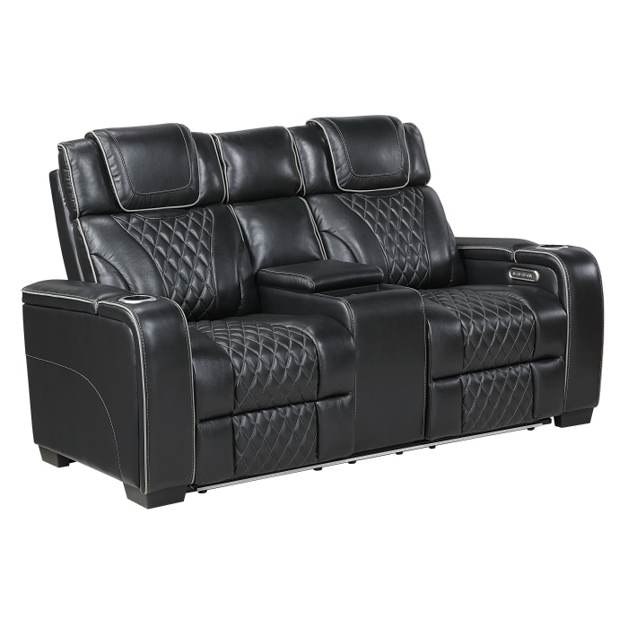 Condition photo showing New/Like New for cassian 72 in. w black leather 2-seater power double reclining love seat with center console and power headrests - overall dimension: 72 x 40 x 42.5h