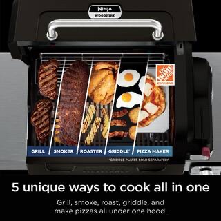 Condition photo showing New/Like New for flexflame plus 3-burner outdoor cooking bbq, 5-in-1 propane and electric grill, smoker, roaster, pizza maker in black (new in box) h 48.31 in, w 25.08 in, d 60.12 in