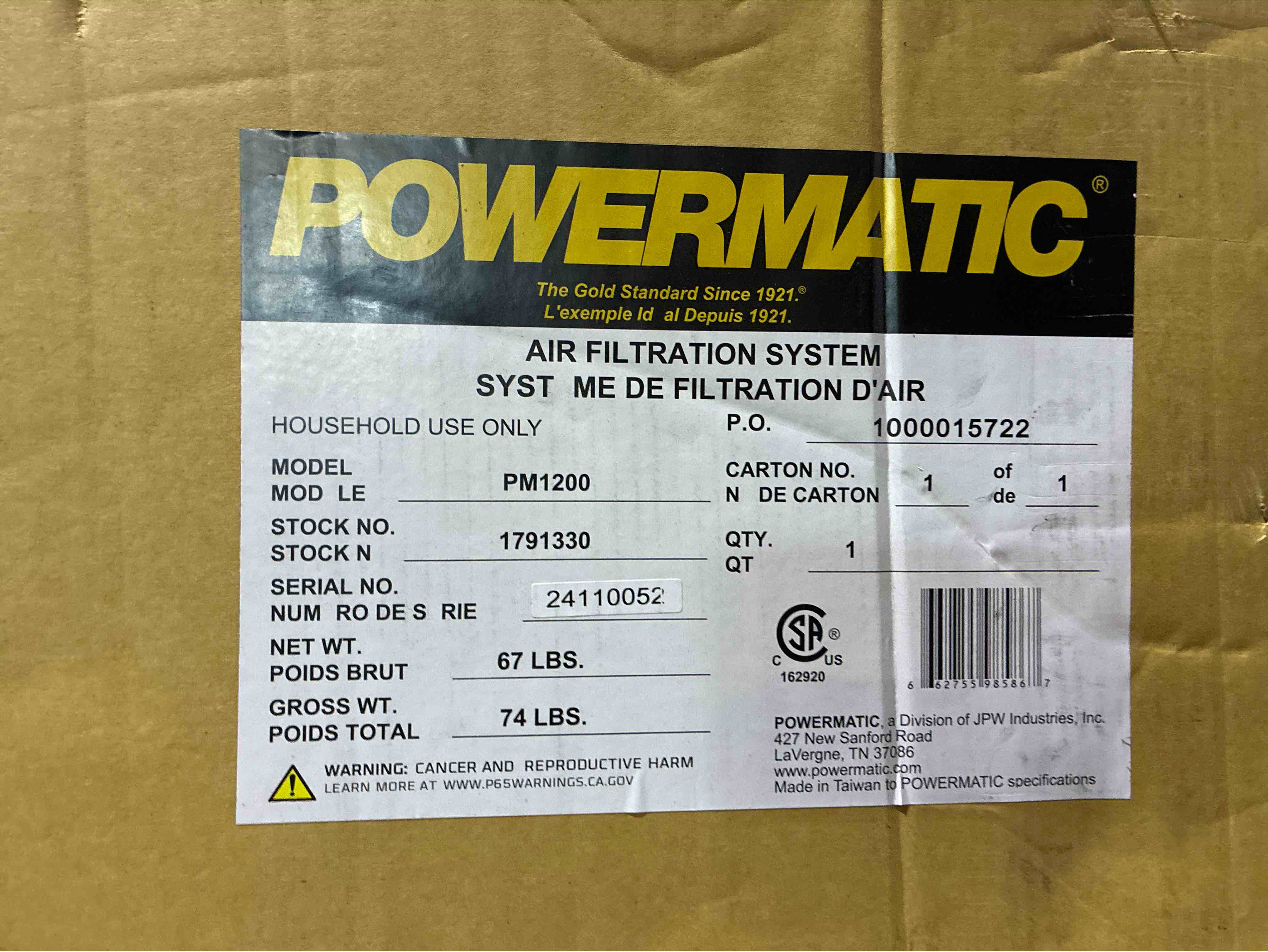 Condition photo showing New/Like New for powermatic air filtration system, 5-micron filter, 1196 cfm, 115v 1ph (model pm1200)