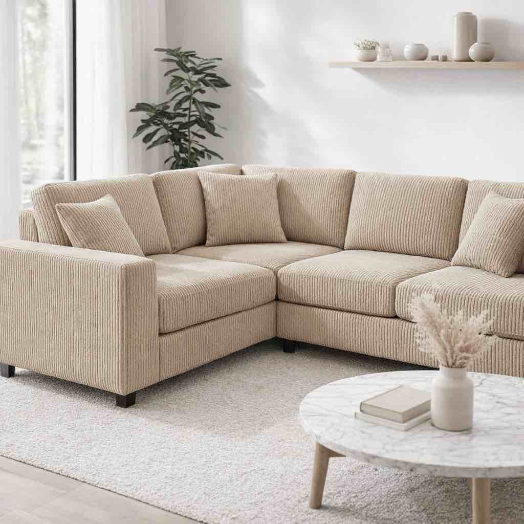 Condition photo showing New/Like New for 5 piece 4 seat light beige corduroy sofa with ottoman