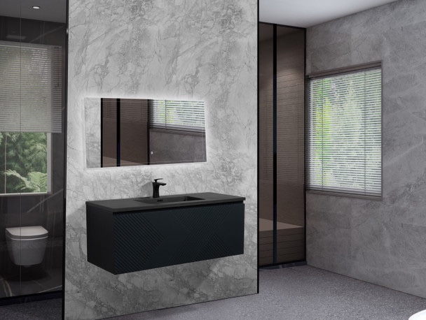 Condition photo showing New/Like New for alma-moore 48 inch matte black wall mount vanity with geometric front. sink top not included. height:20.00 in width:47.00 in length:20.00 in