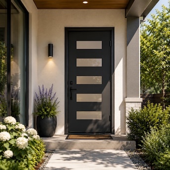Condition photo showing New/Like New for boho havens 36 x 80 inch contemporary 5 lite fiberglass entry door / frosted glass black finish / white vinyl frame exterior door right-hand inswing