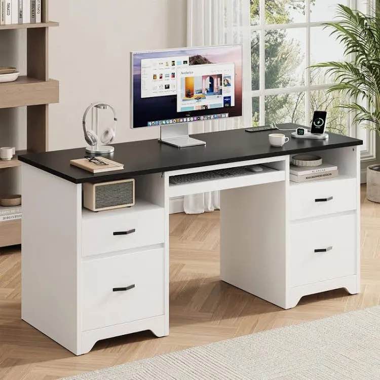 Condition photo showing New/Like New for bestier 59" rectangular computer desk with drawers, power outlet, home office desk, keyboard tray
